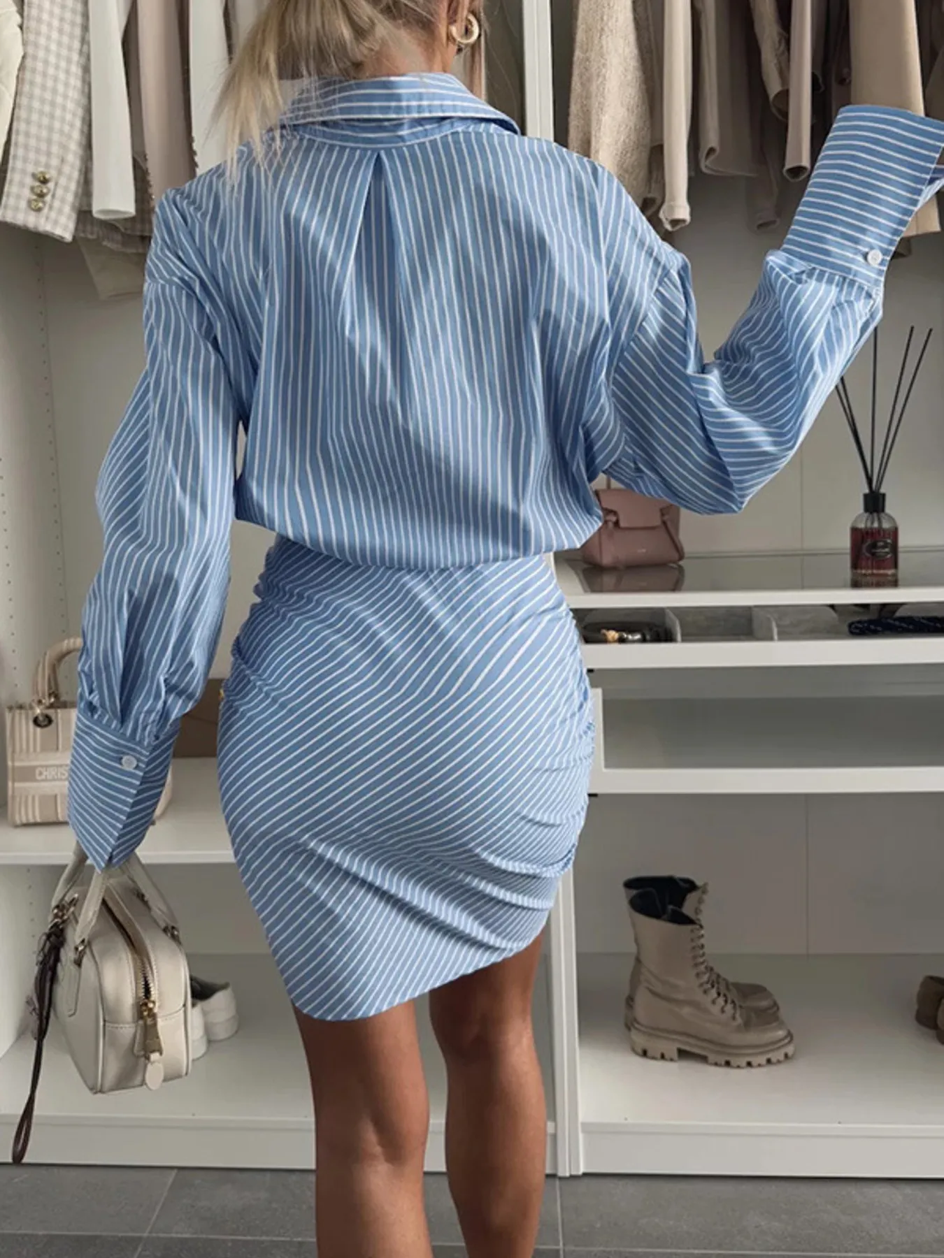 Striped Button Front Mini Shirt Dress - Image 2