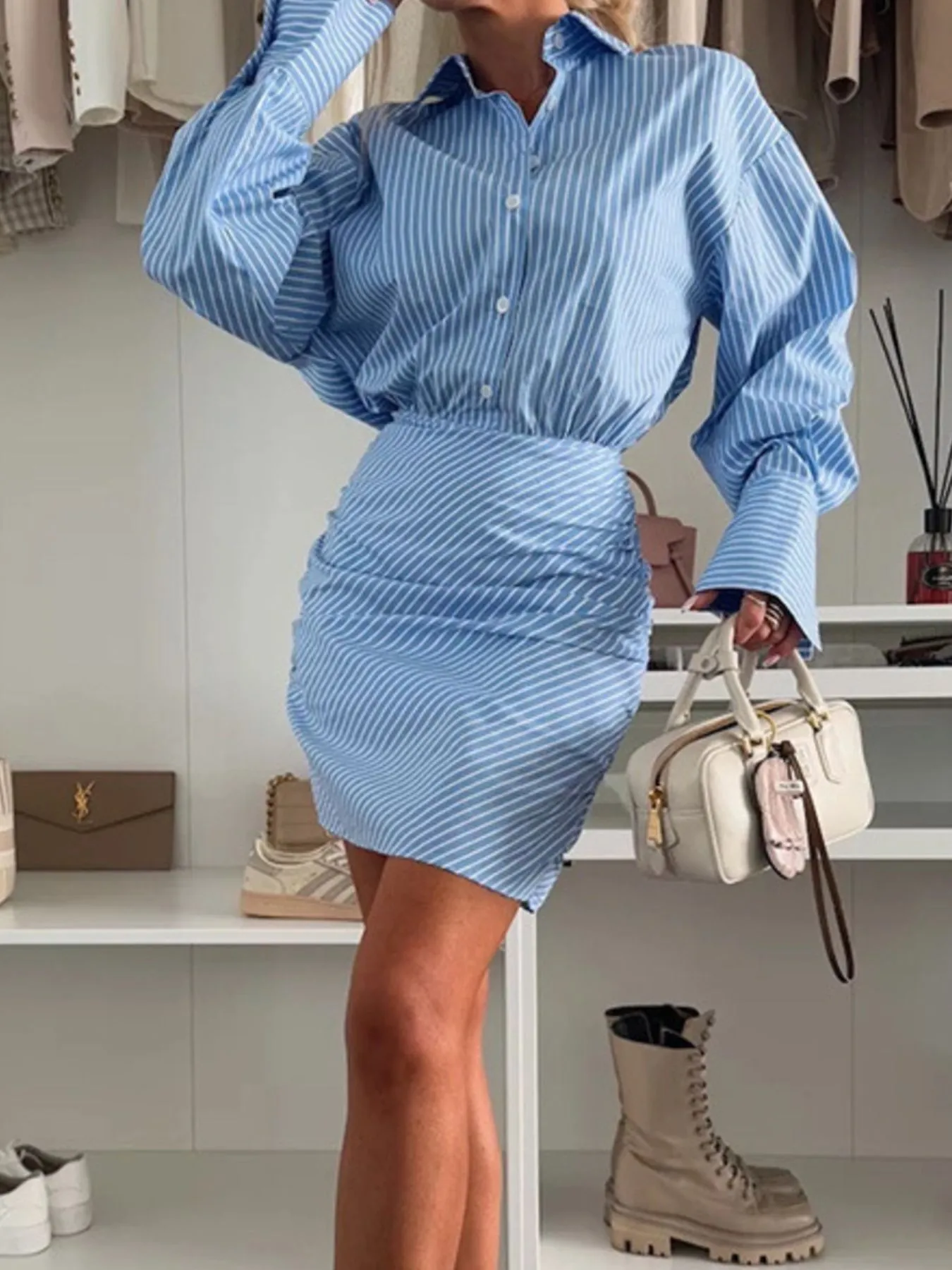 Striped Button Front Mini Shirt Dress - Image 3
