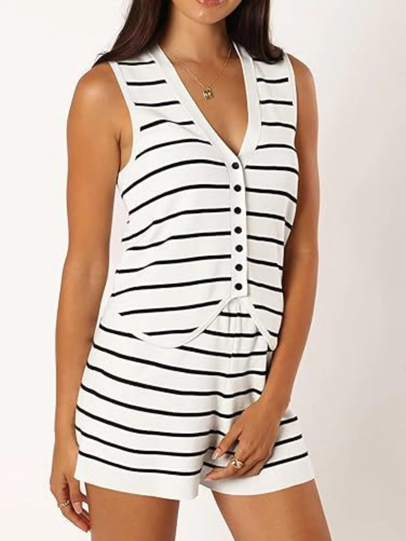 Striped Button-Front Vest and Shorts Set - Image 10