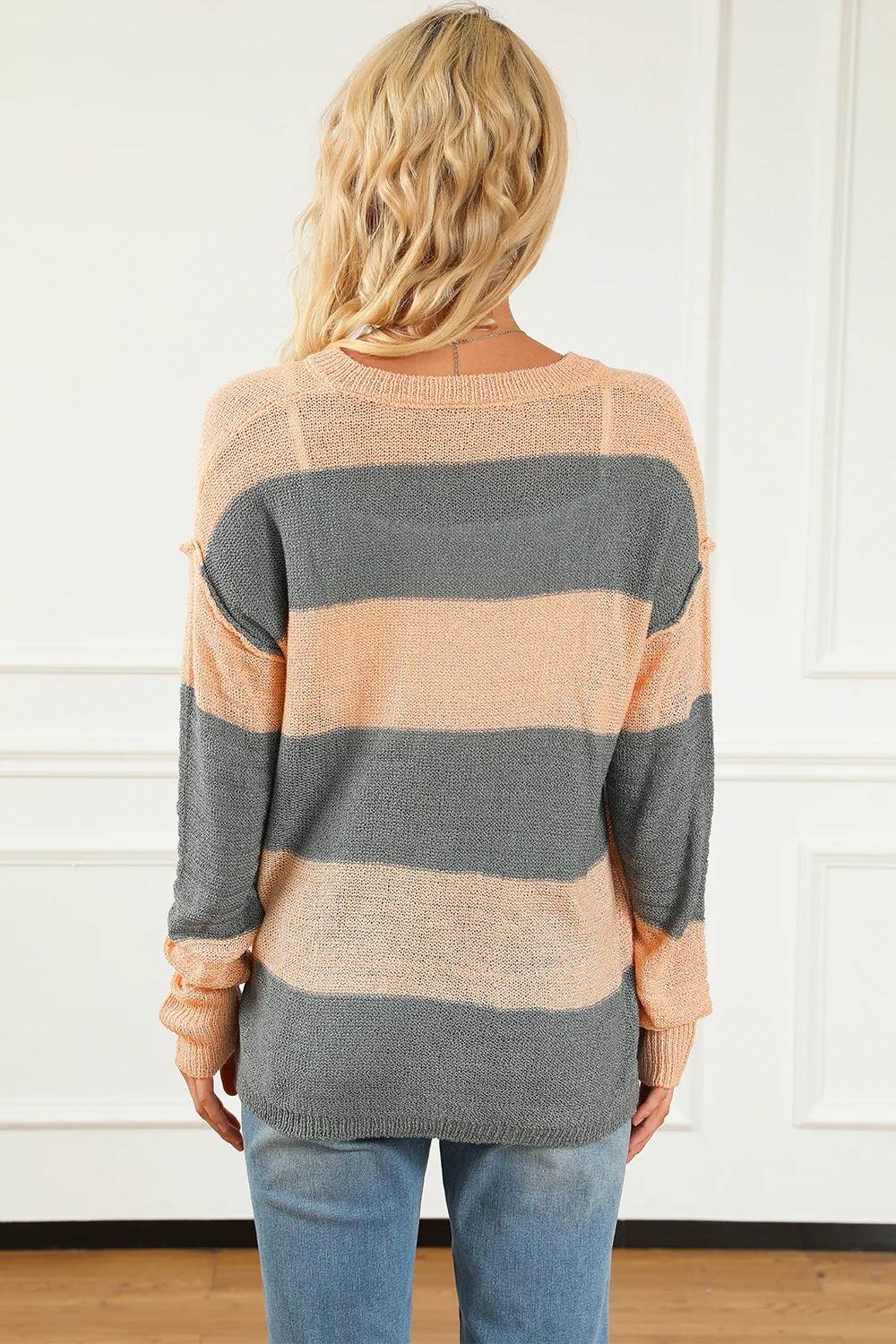 Striped Buttoned Dropped Shoulder Slit Sweater - Image 2