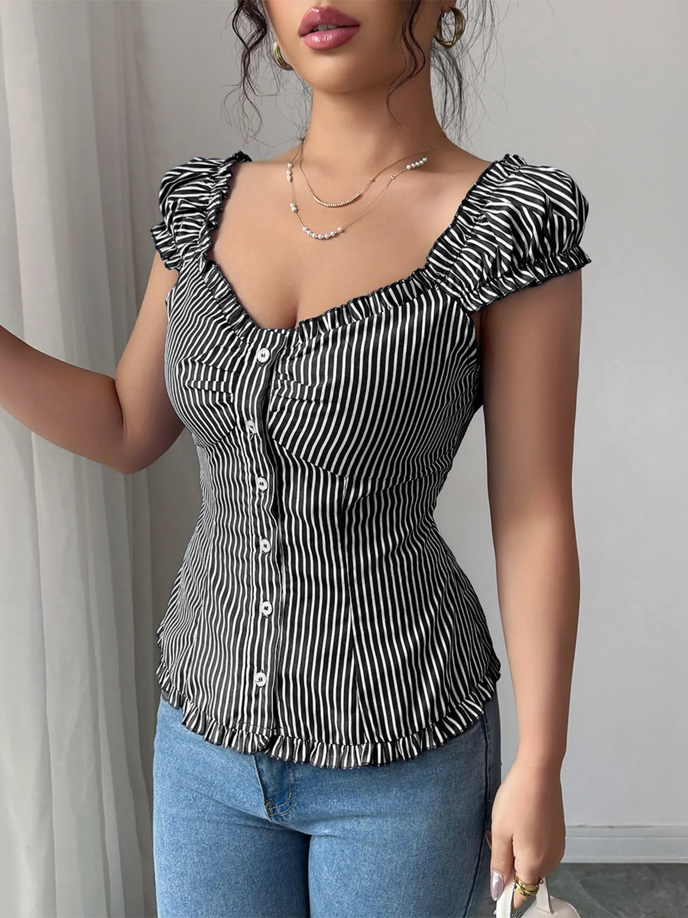 Striped Cap Sleeve Shirt - Image 7