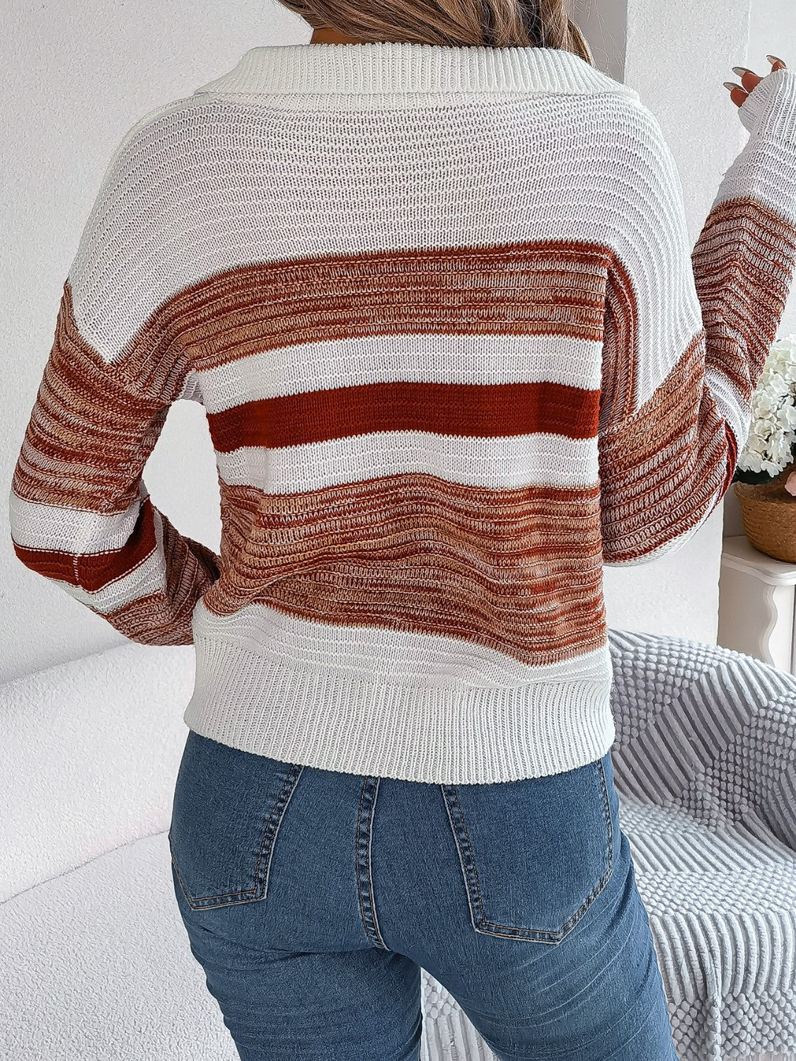 Striped Collared Neck Long Sleeve Sweater - Image 2