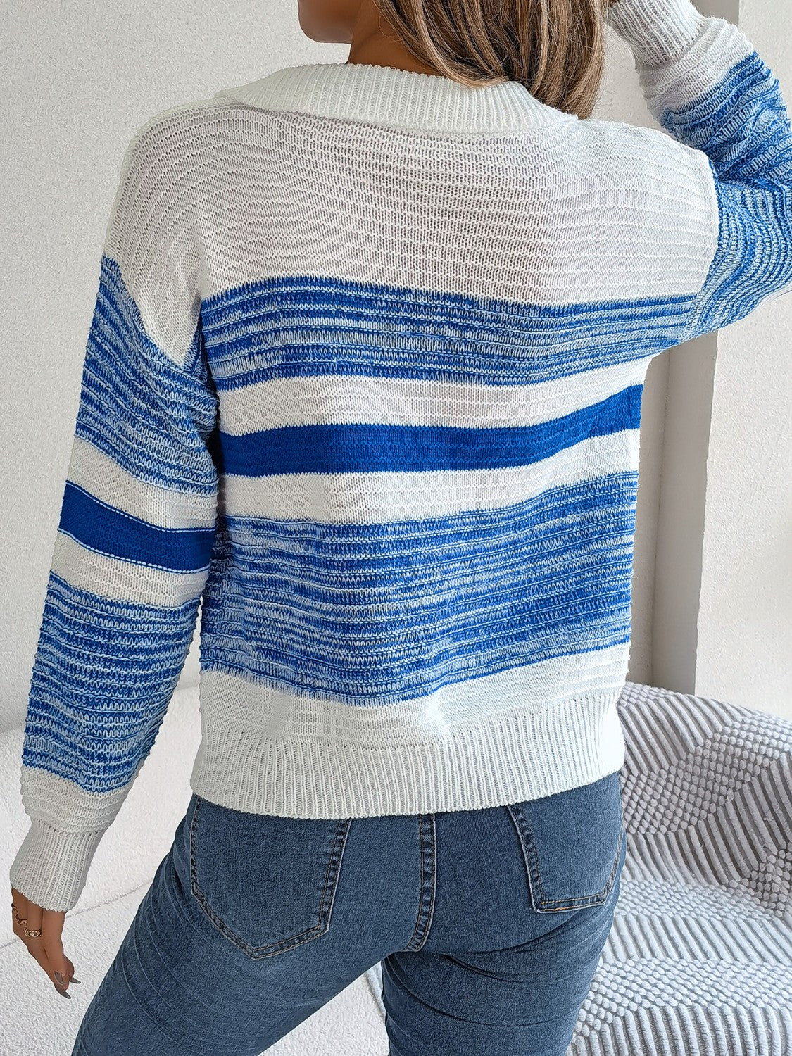 Striped Collared Neck Long Sleeve Sweater - Image 9