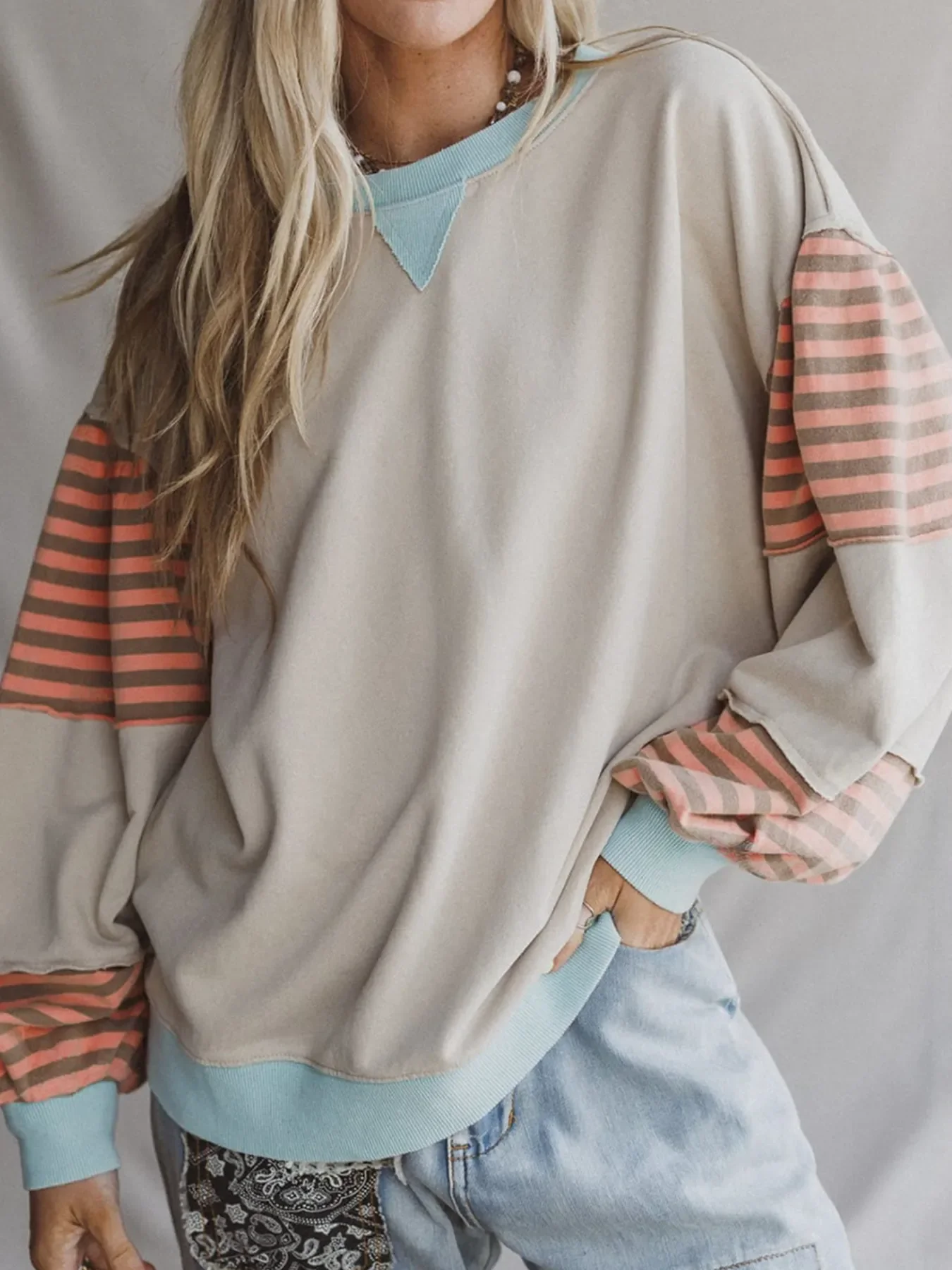 Striped Colorblock Patchwork Drop Shoulder Sweatshirt
