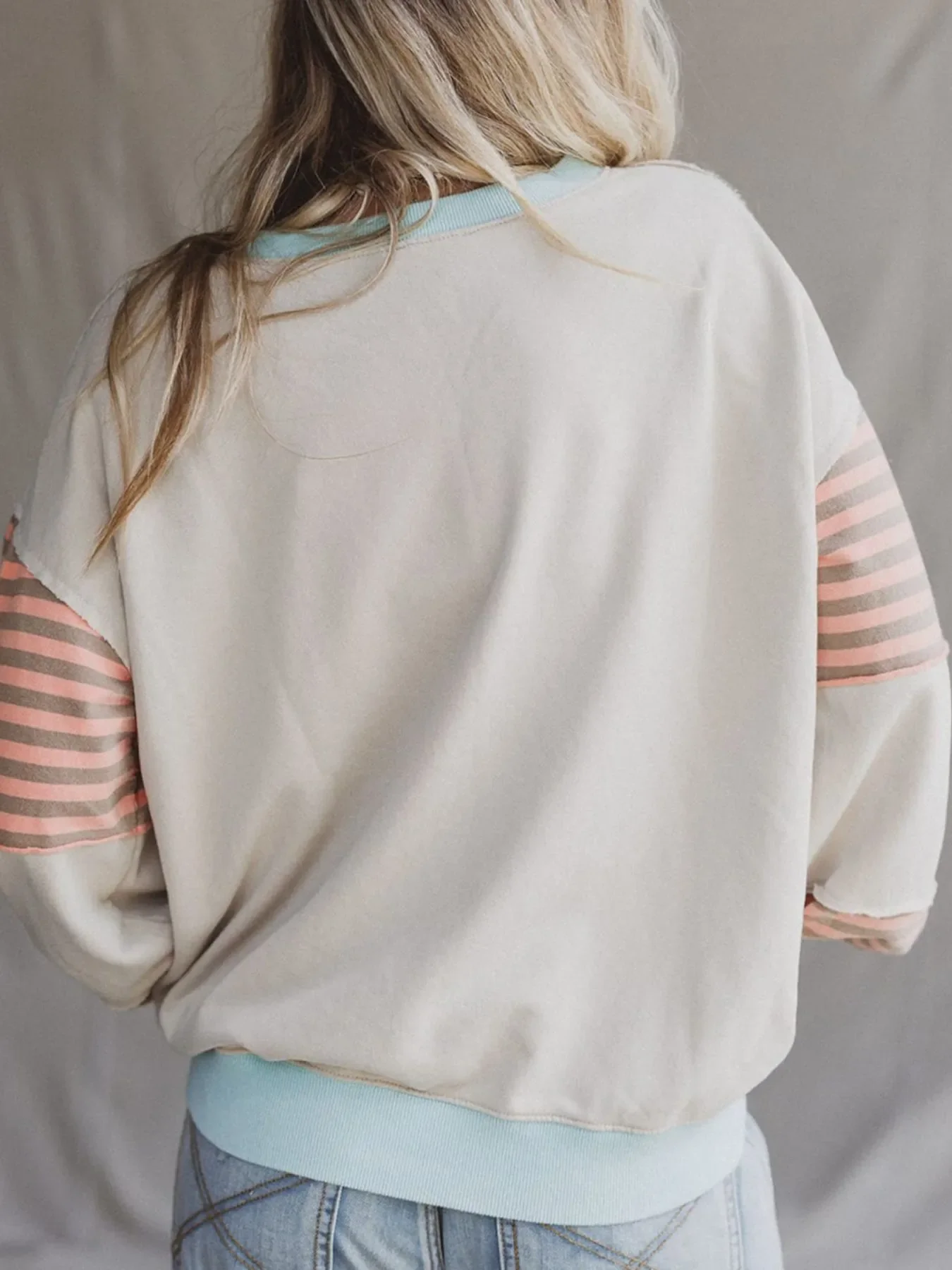 Striped Colorblock Patchwork Drop Shoulder Sweatshirt - Image 3