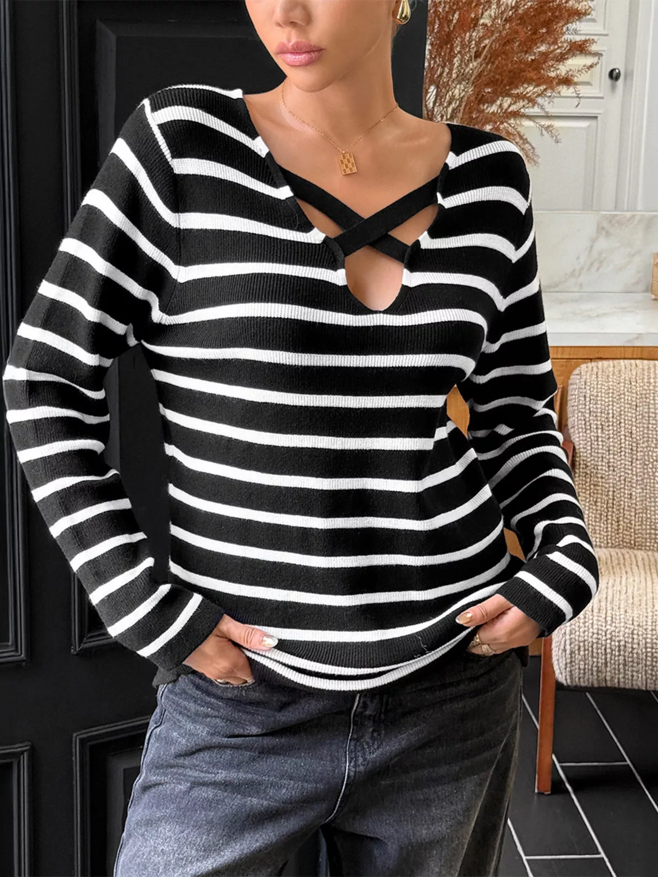 Striped Cross Front Long Sleeve Knit Top - Image 2