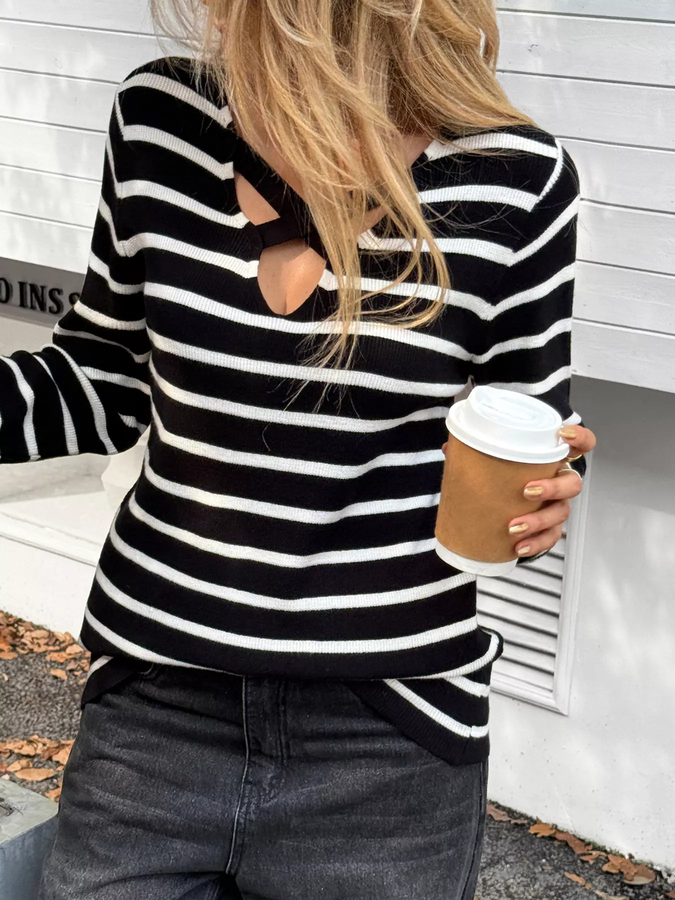 Striped Cross Front Long Sleeve Knit Top - Image 3