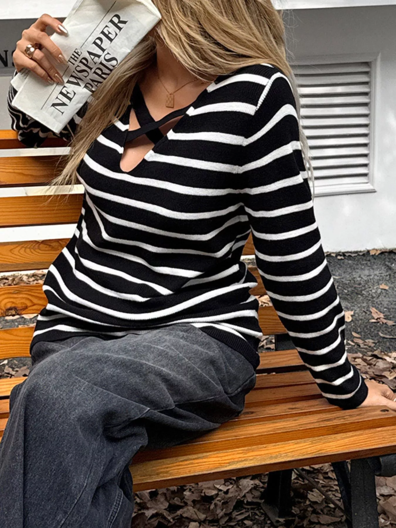 Striped Cross Front Long Sleeve Knit Top - Image 4