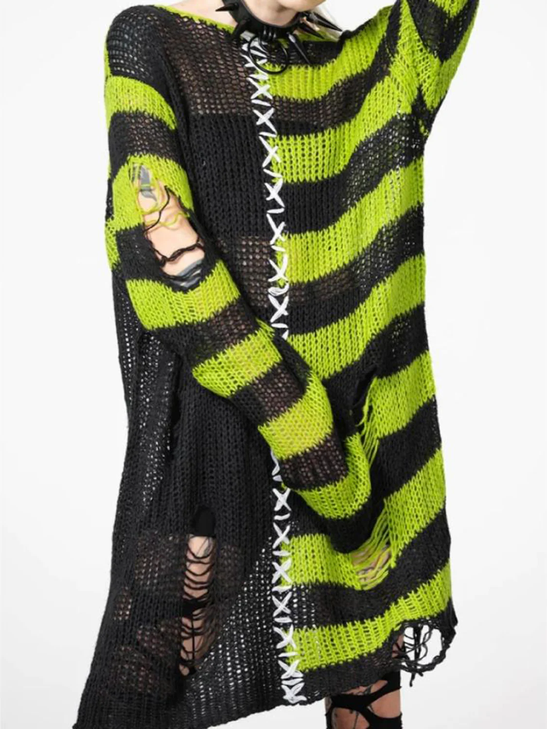 Striped Distressed Tunic Sweater - Image 3