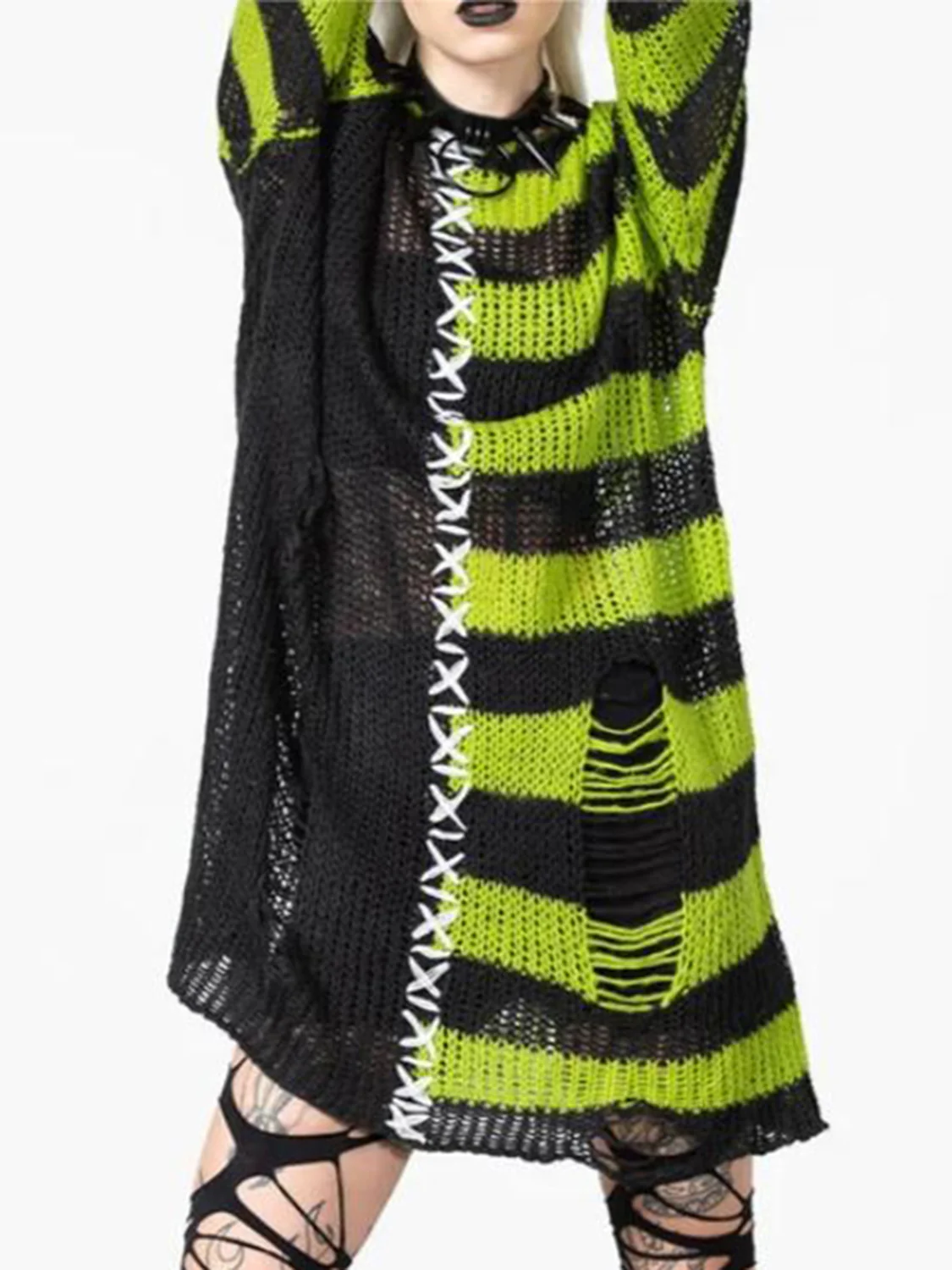 Striped Distressed Tunic Sweater - Image 4