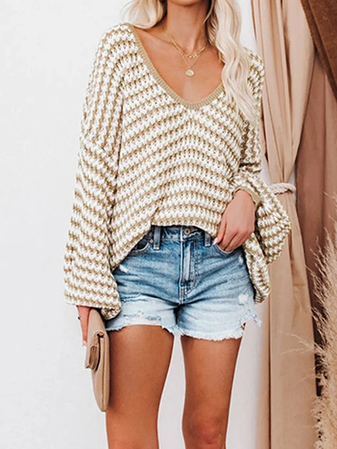 Striped Drop Shoulder V-Neck Sweater - Image 10