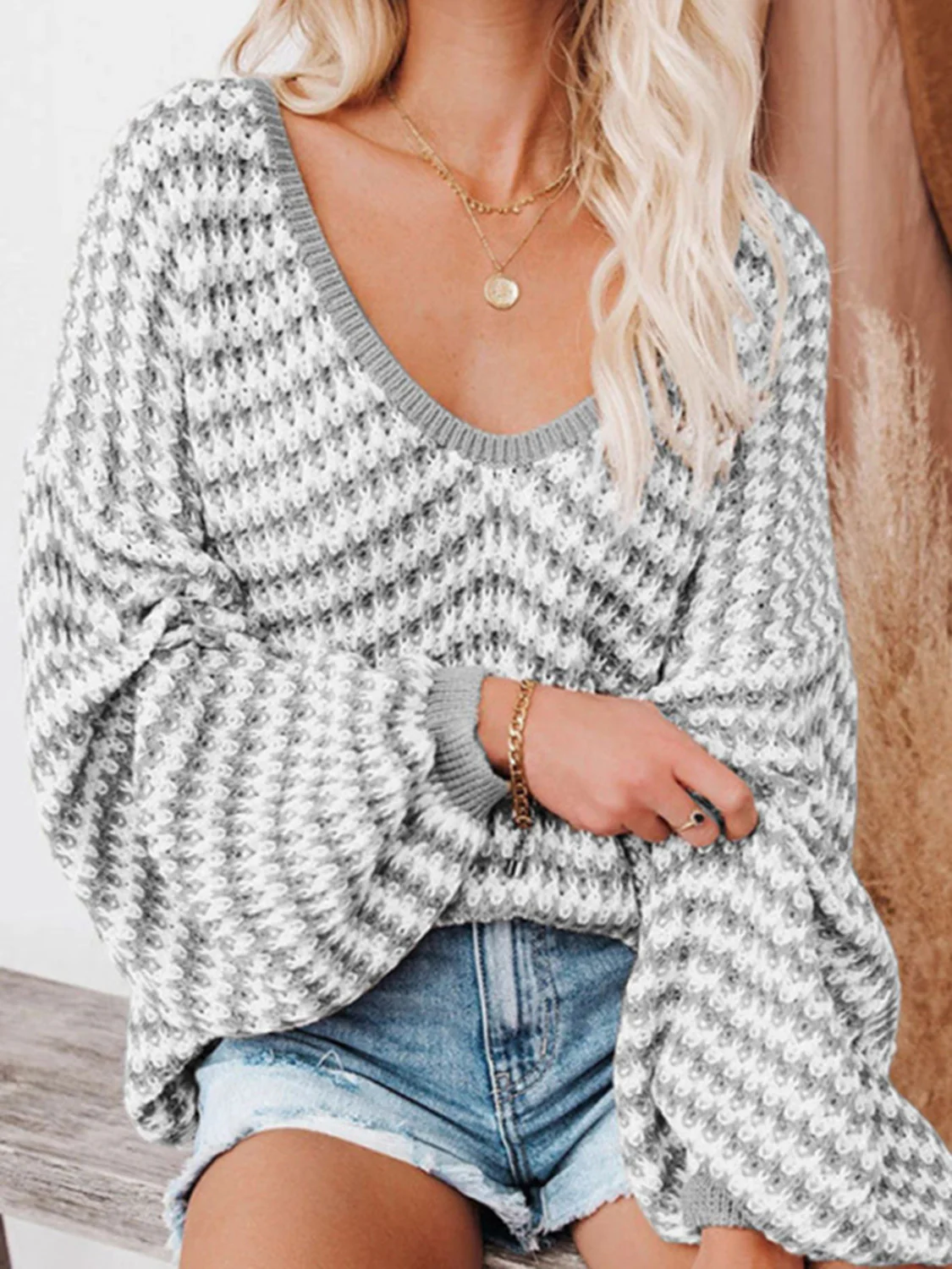 Striped Drop Shoulder V-Neck Sweater - Image 5
