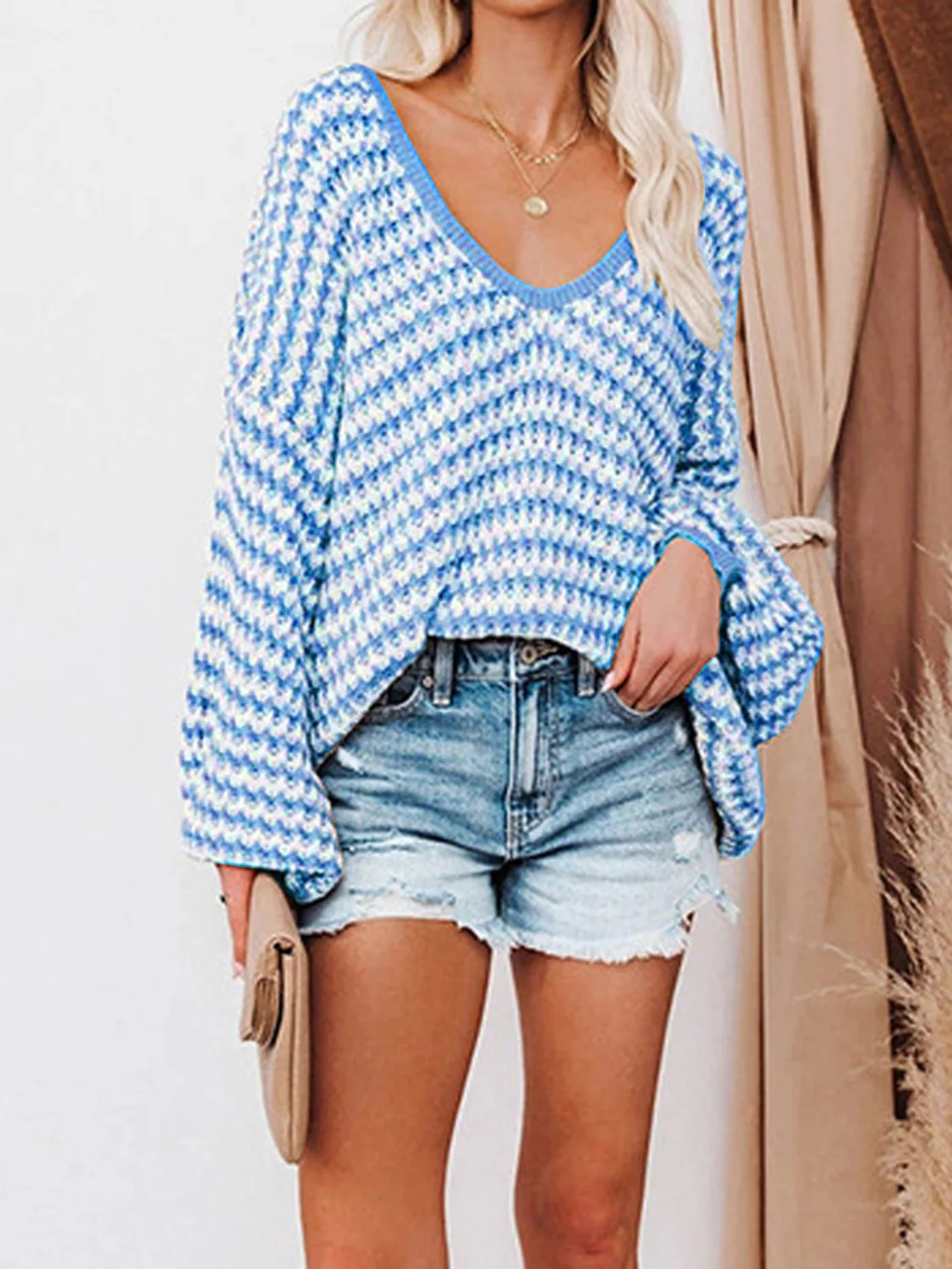 Striped Drop Shoulder V-Neck Sweater - Image 7