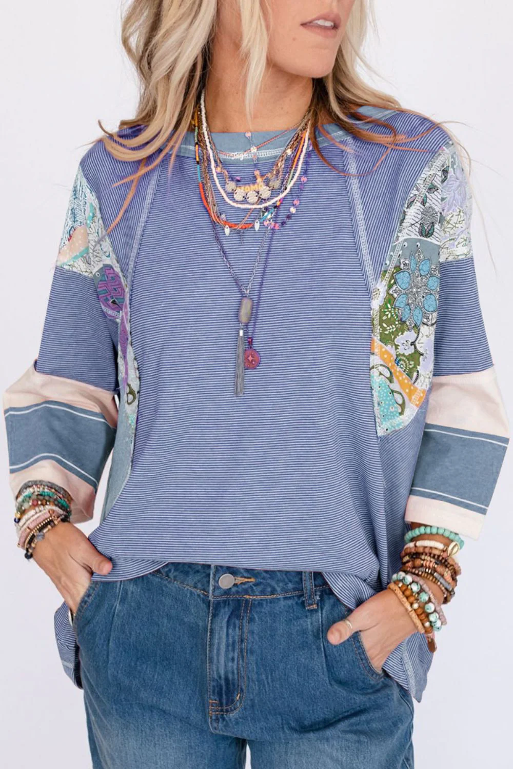 Striped Floral Patchwork Round Neck Top - Image 13
