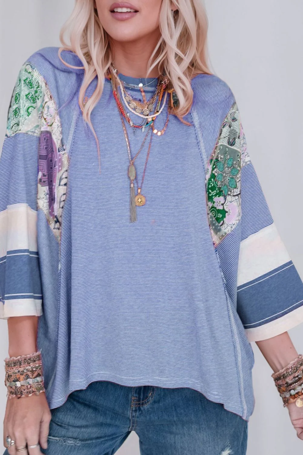 Striped Floral Patchwork Round Neck Top - Image 14
