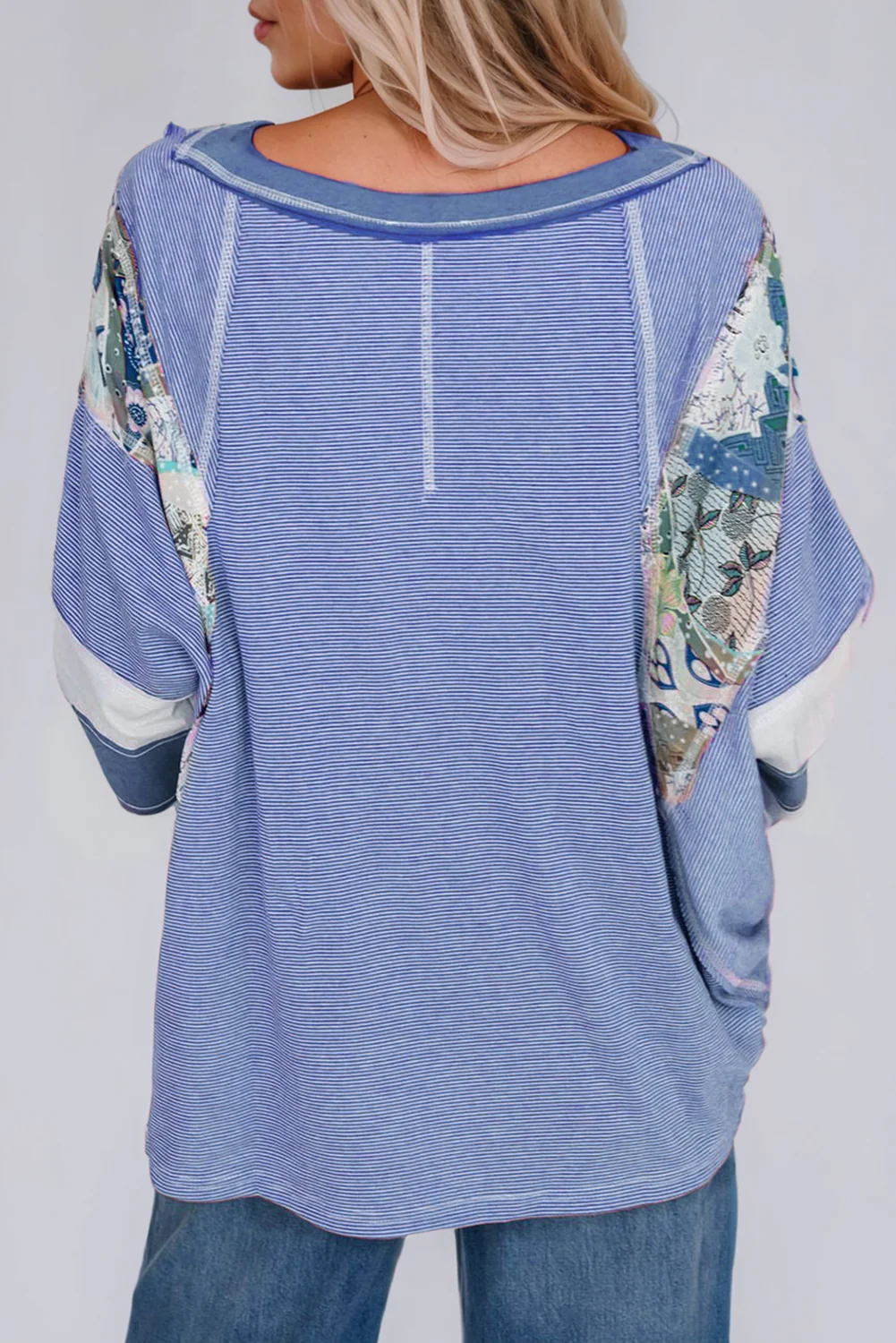 Striped Floral Patchwork Round Neck Top - Image 16