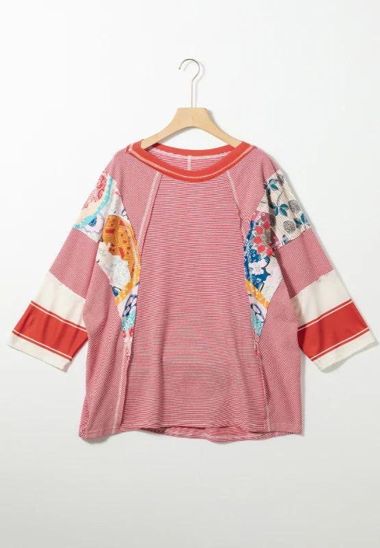 Striped Floral Patchwork Round Neck Top - Image 8