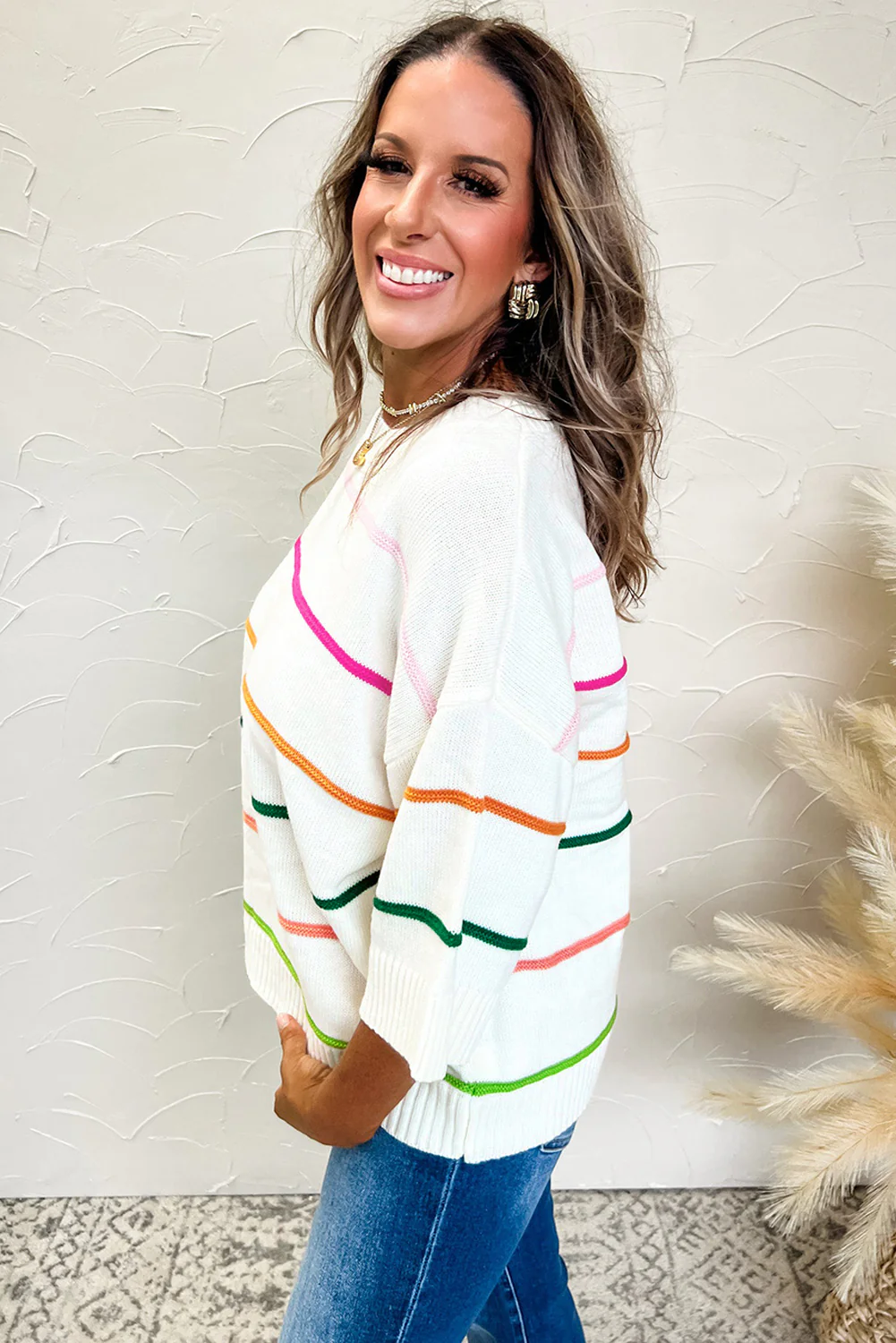 Striped Half Sleeve Drop Shoulder Sweater - Image 4