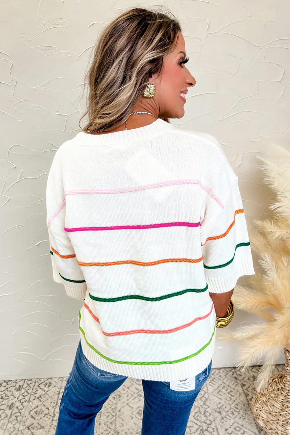 Striped Half Sleeve Drop Shoulder Sweater - Image 5
