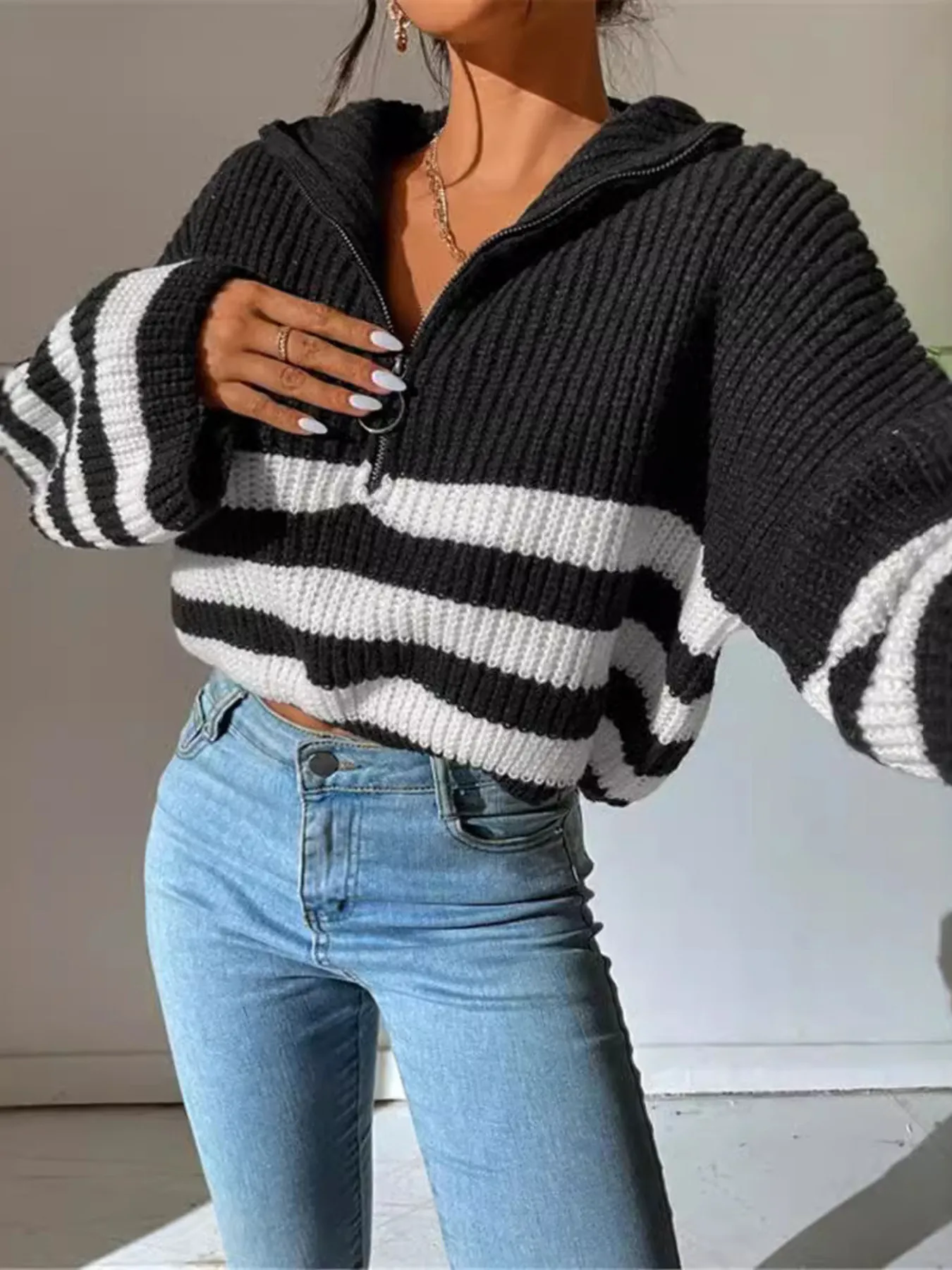 Striped Half Zip Cropped Sweater - Image 11