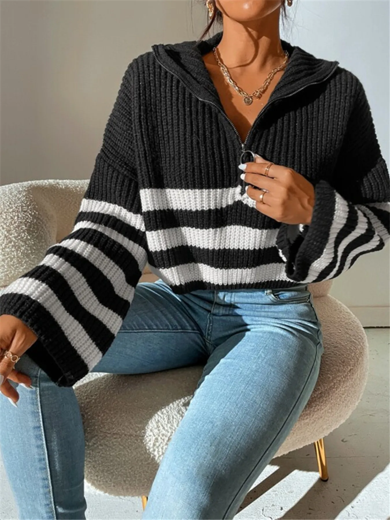 Striped Half Zip Cropped Sweater - Image 12