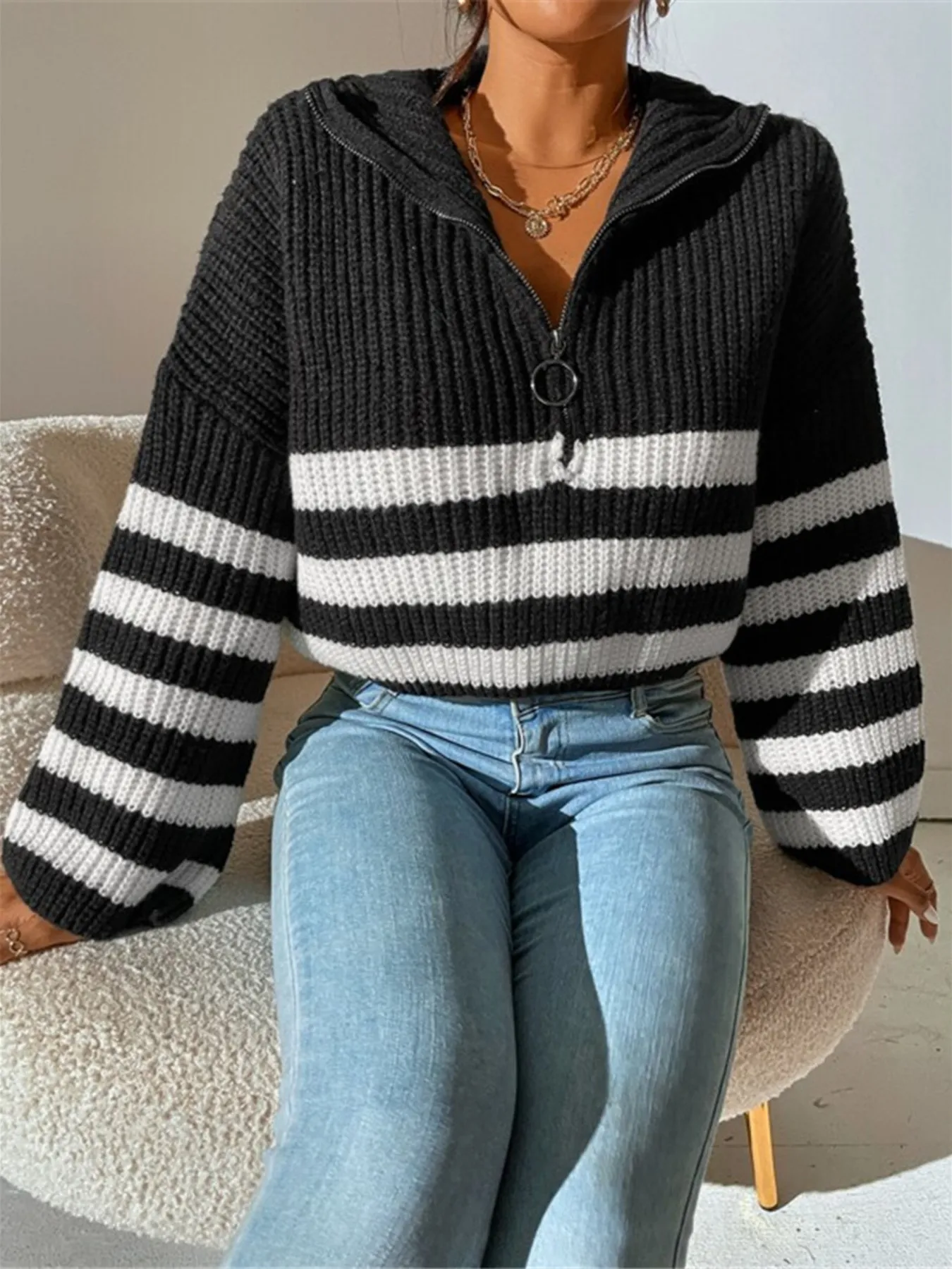 Striped Half Zip Cropped Sweater - Image 13
