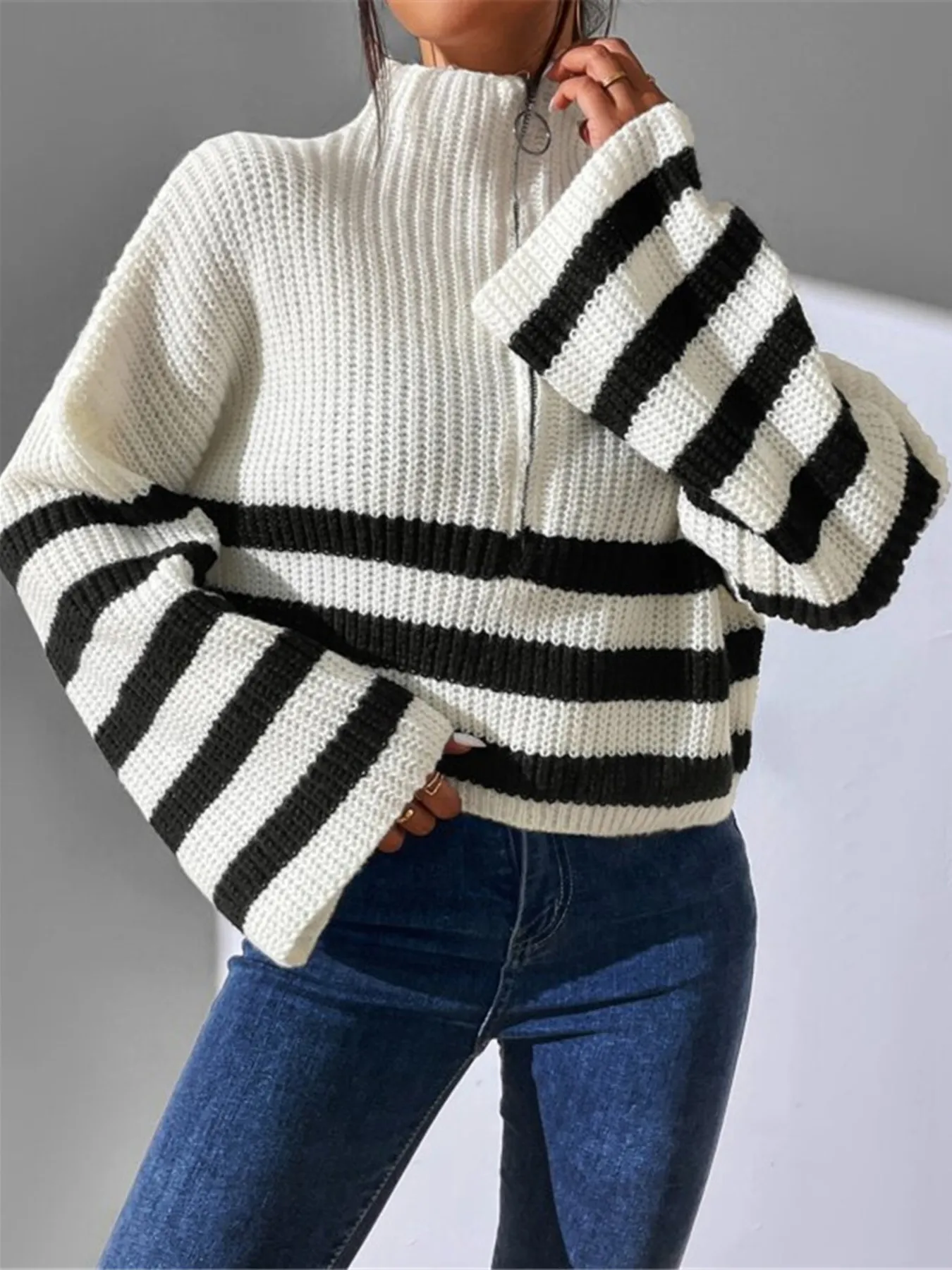 Striped Half Zip Cropped Sweater - Image 2