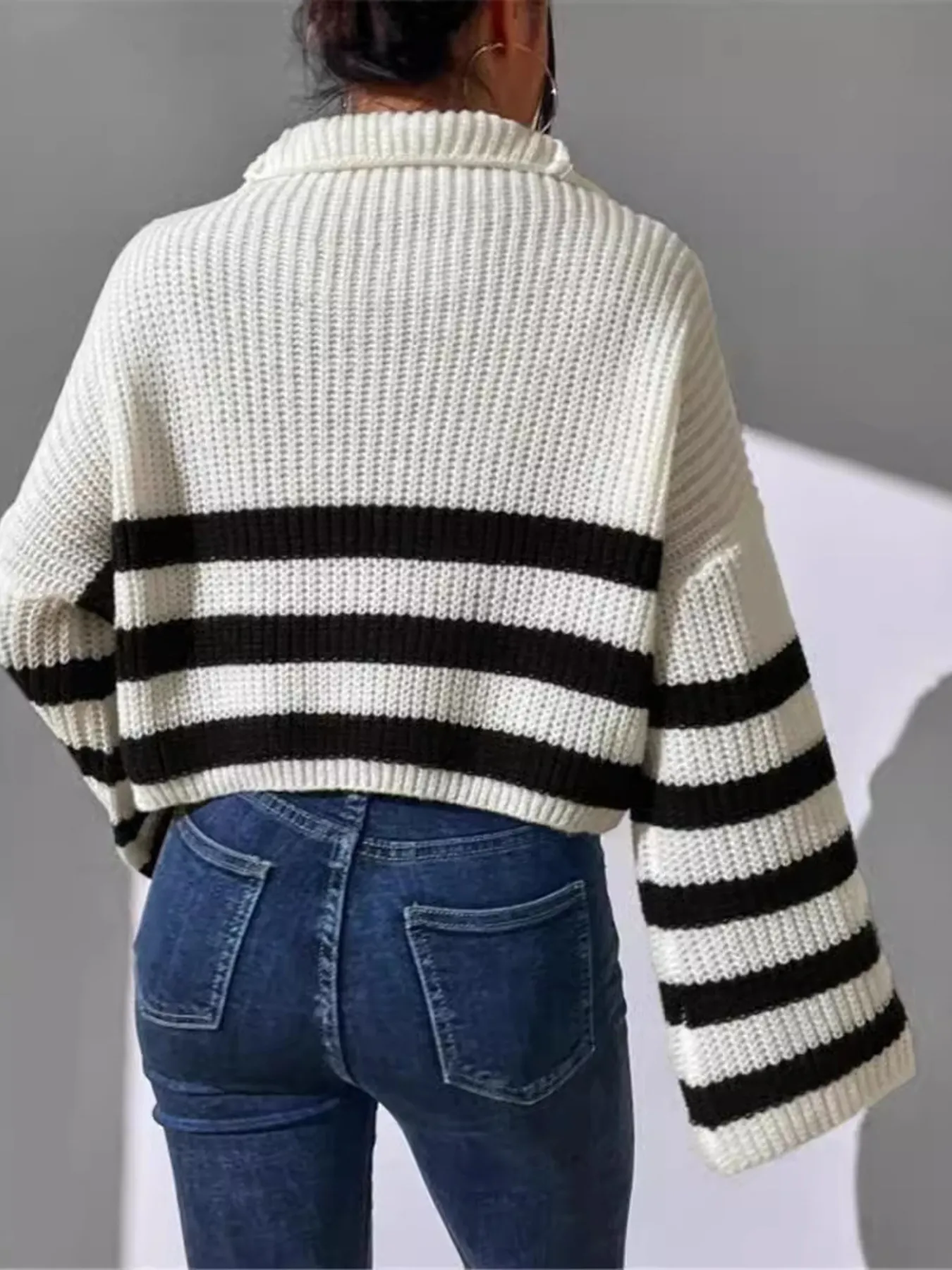 Striped Half Zip Cropped Sweater - Image 3