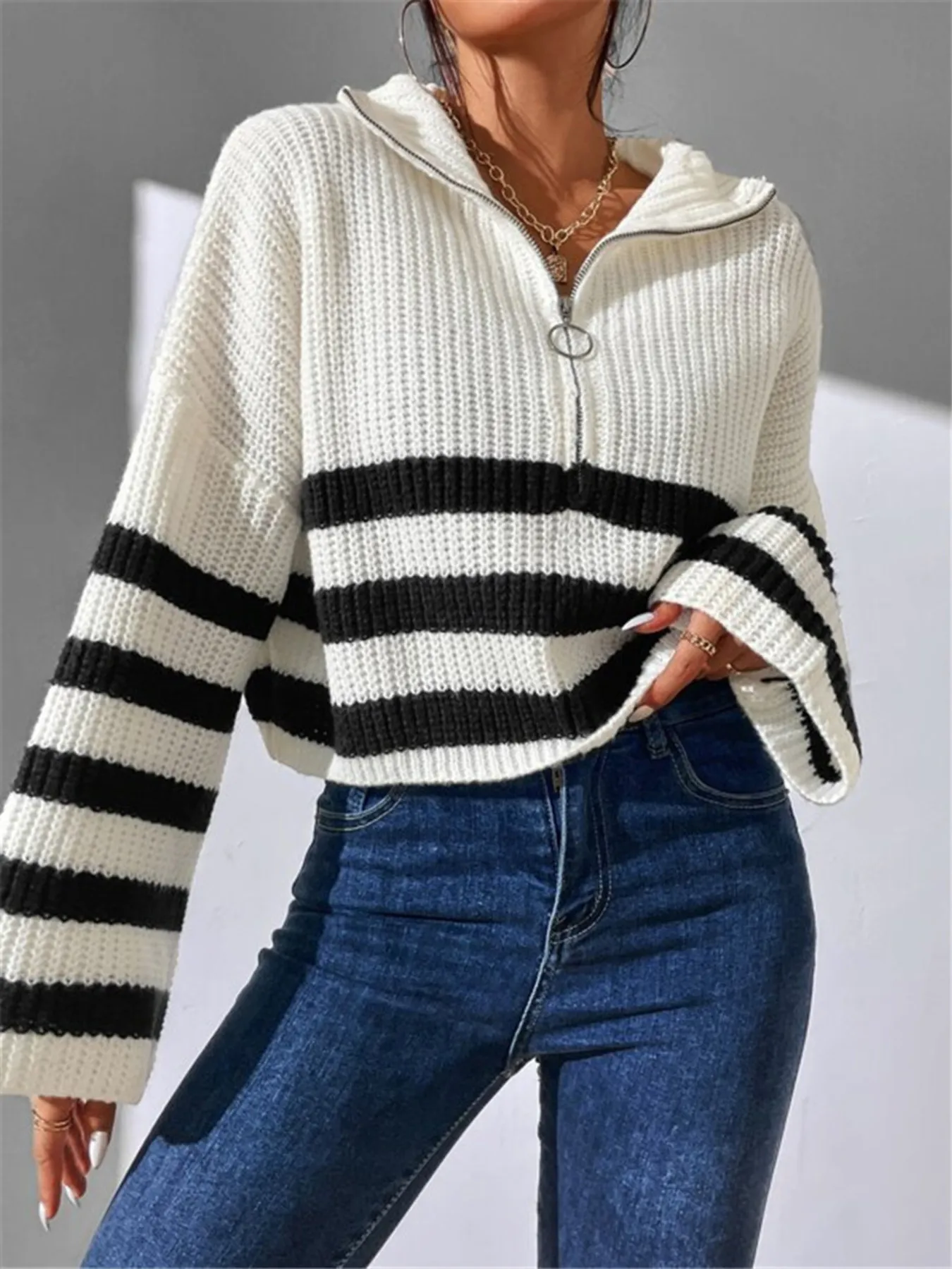 Striped Half Zip Cropped Sweater - Image 4