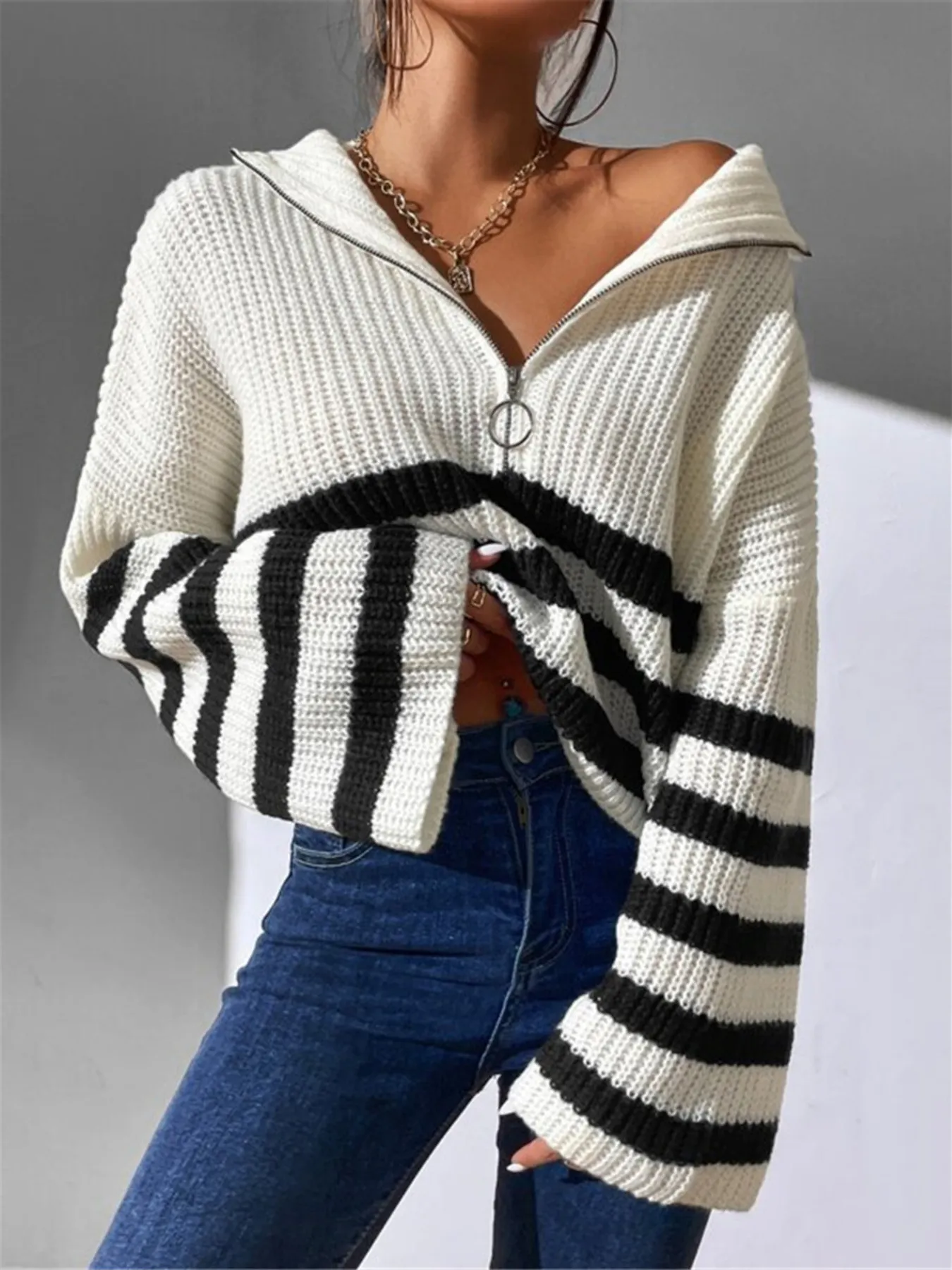 Striped Half Zip Cropped Sweater - Image 5