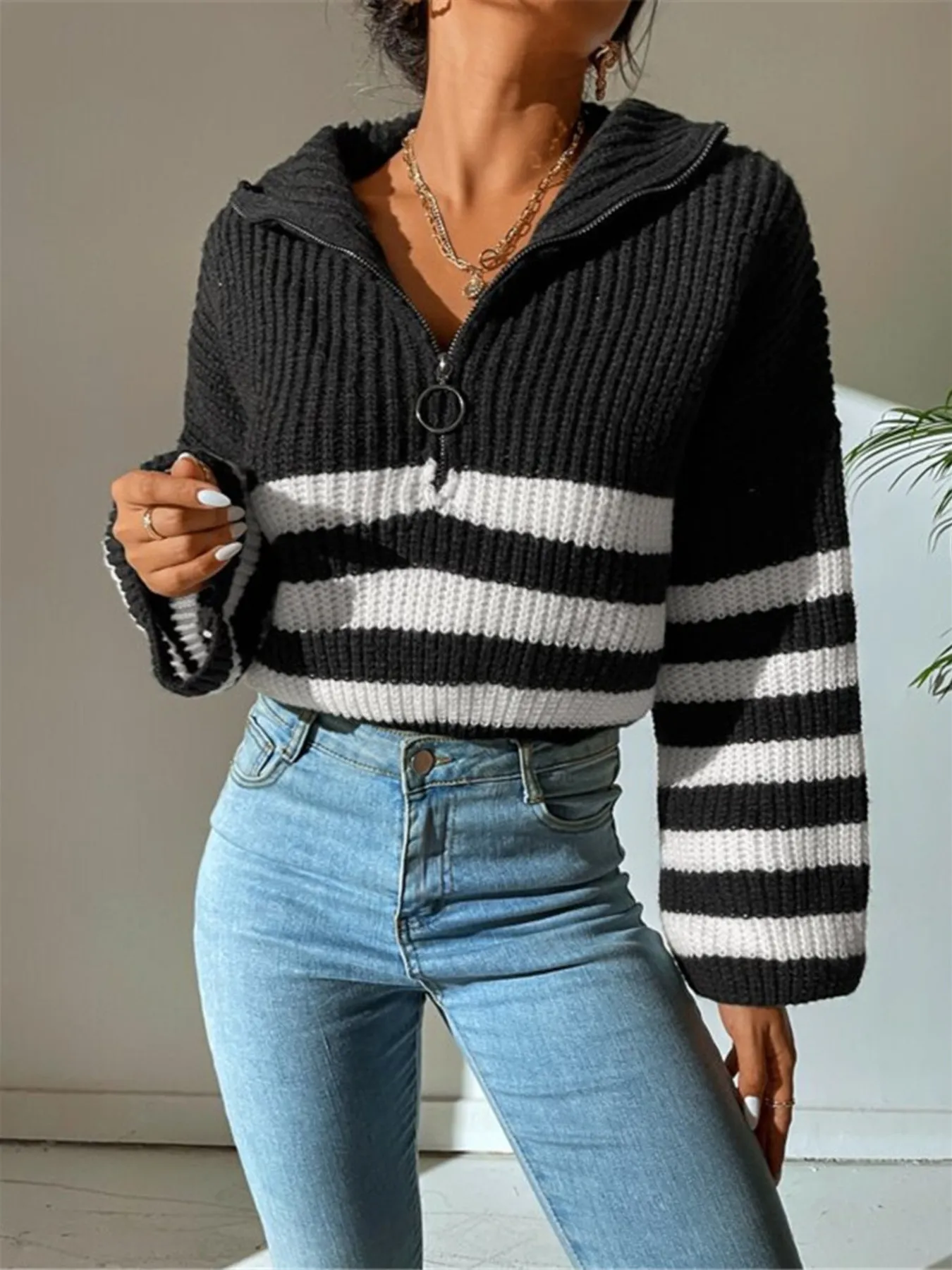 Striped Half Zip Cropped Sweater - Image 8