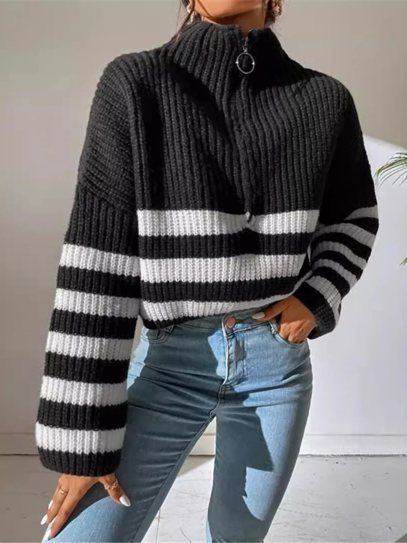 Striped Half Zip Cropped Sweater - Image 9