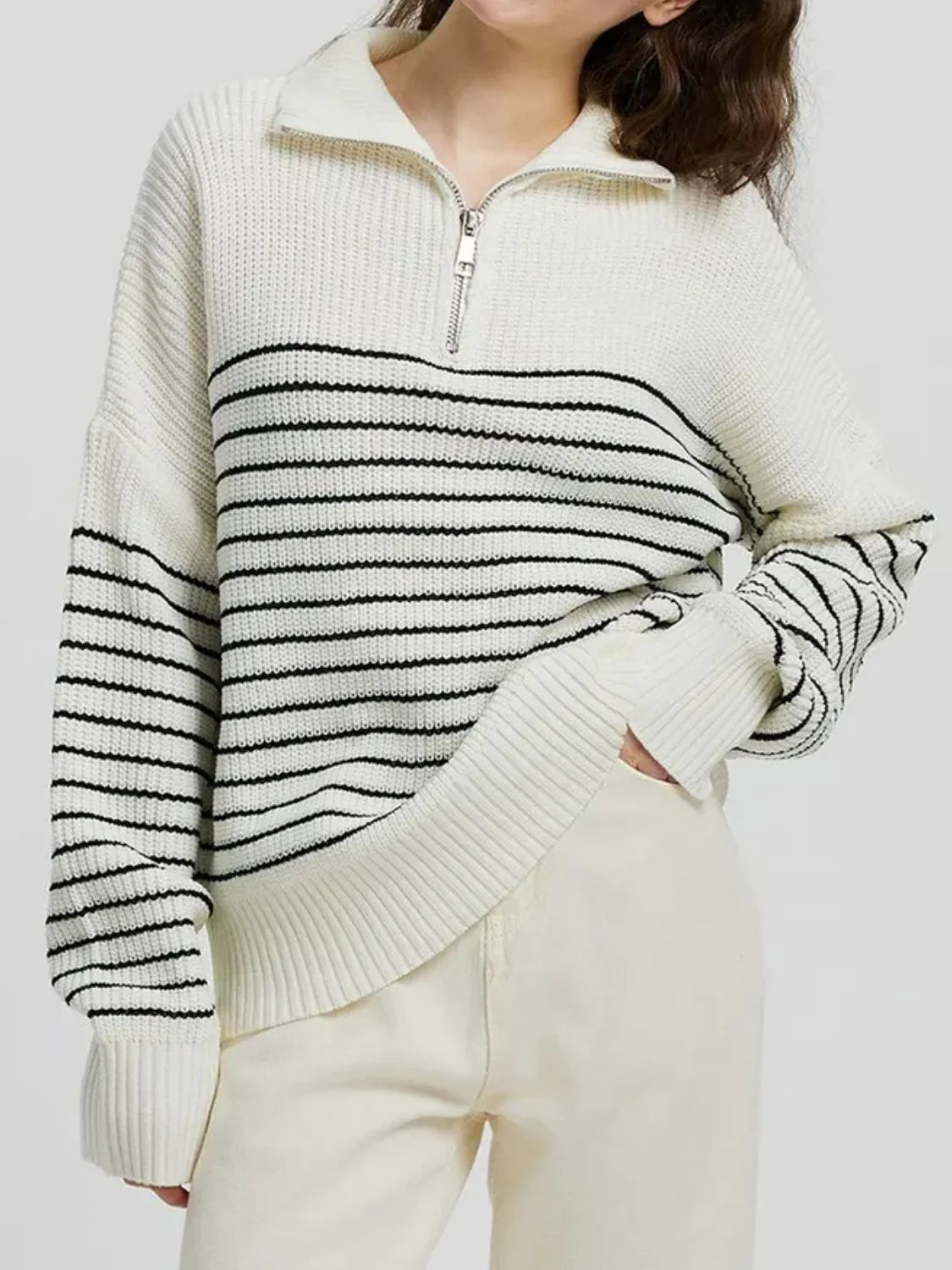 Striped Half Zip Long Sleeve Sweater - Image 3