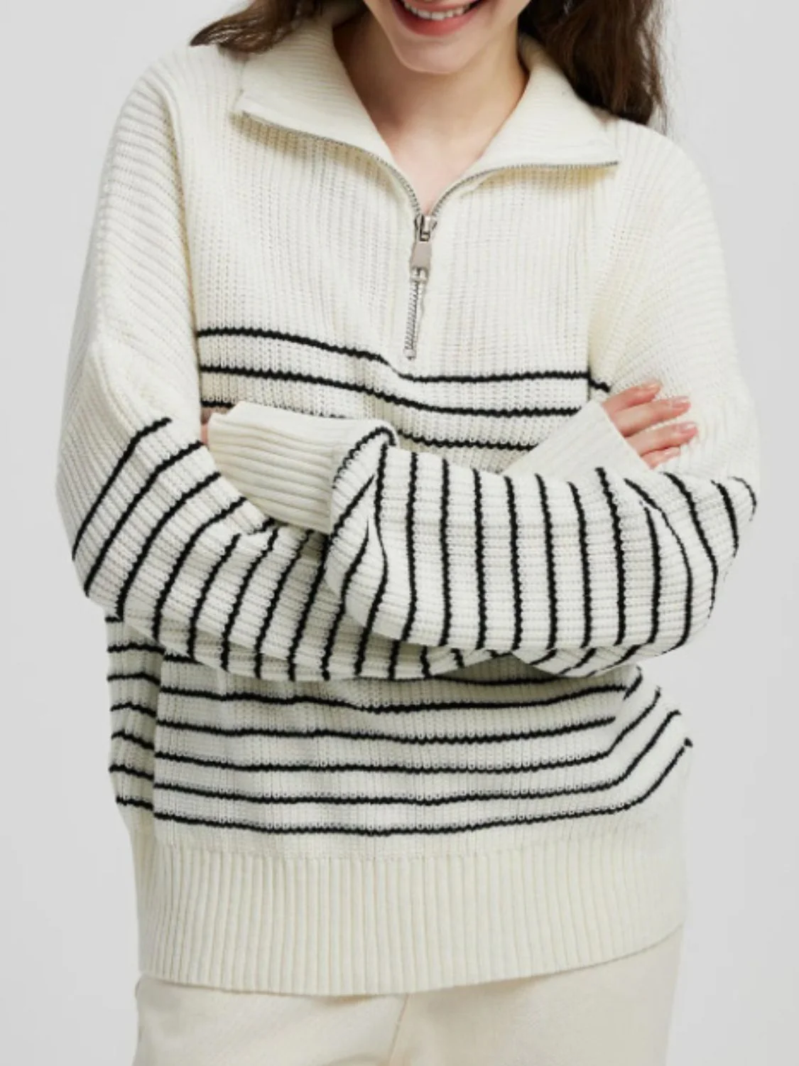 Striped Half Zip Long Sleeve Sweater - Image 4