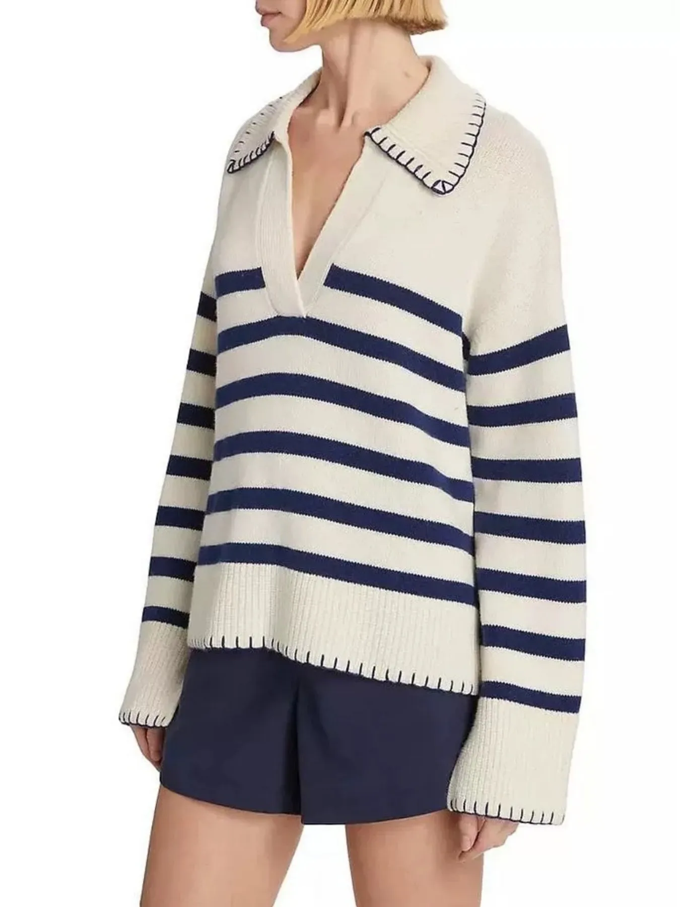 Striped Johnny Collar Sweater - Image 4