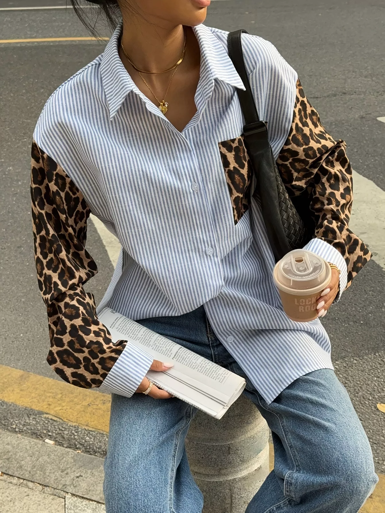 Striped & Leopard Print Button Up Shirt - Image 3