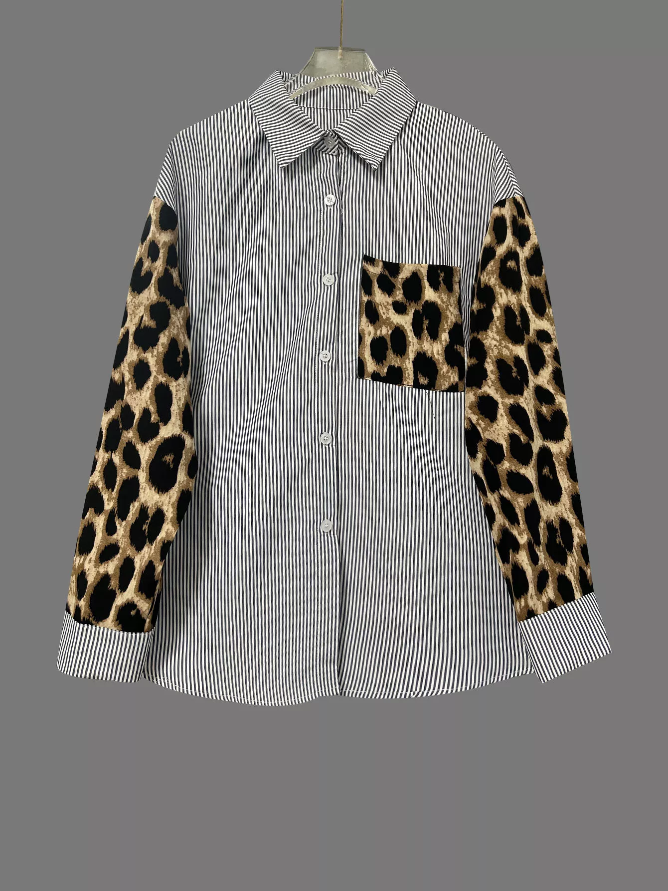 Striped & Leopard Print Button Up Shirt - Image 5