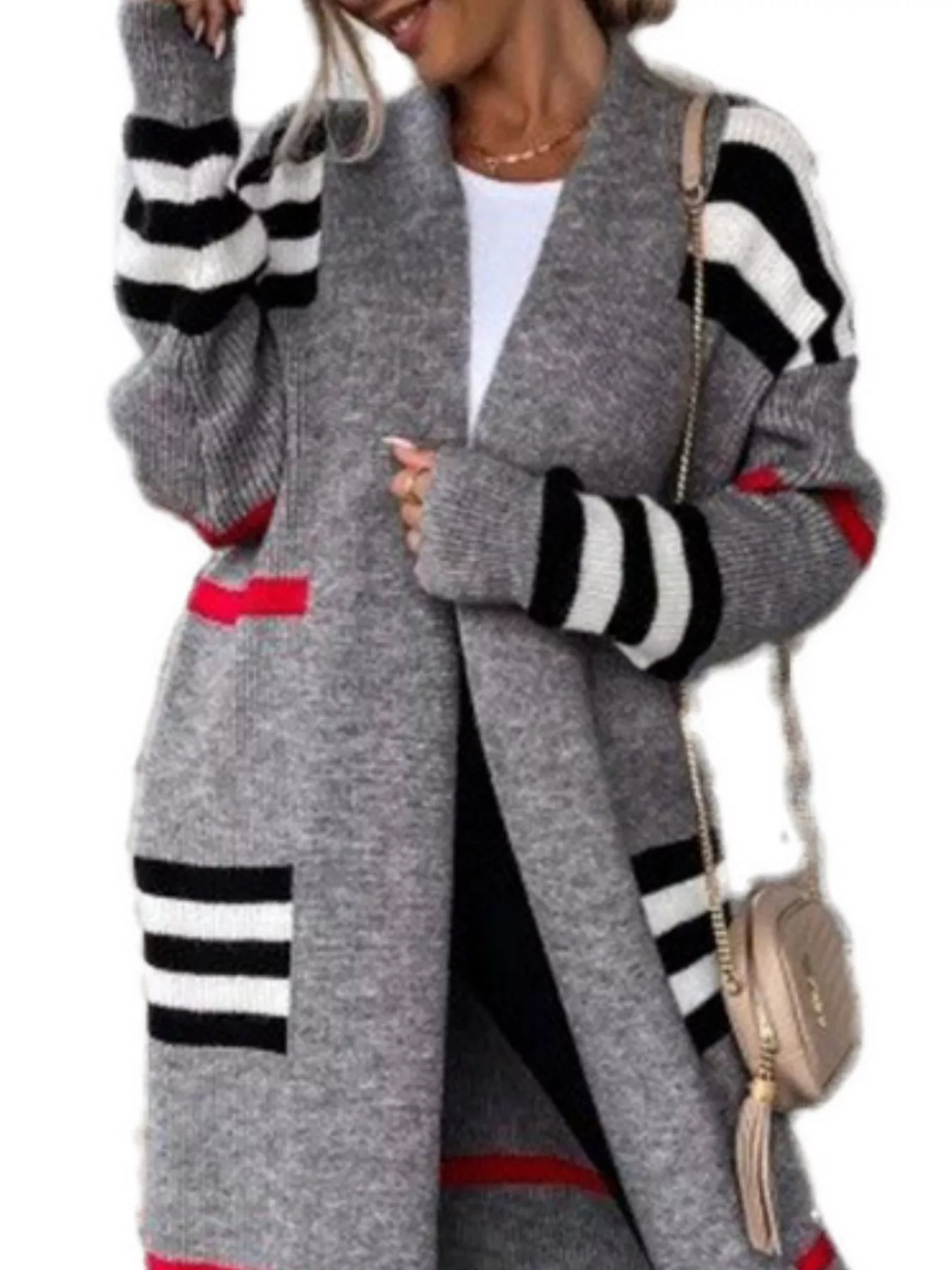 Striped Longline Open Front Cardigan - Image 3