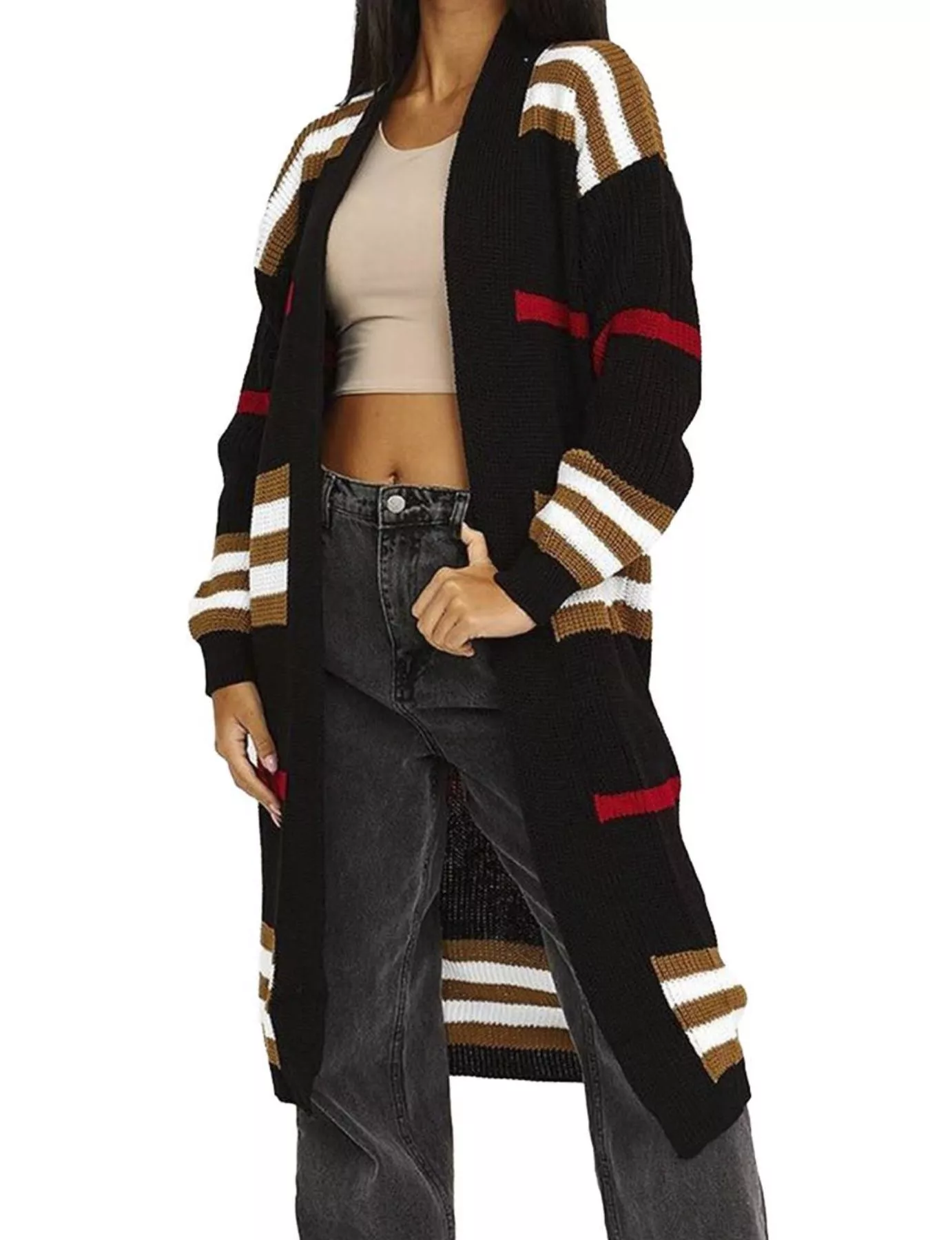 Striped Longline Open Front Cardigan - Image 8