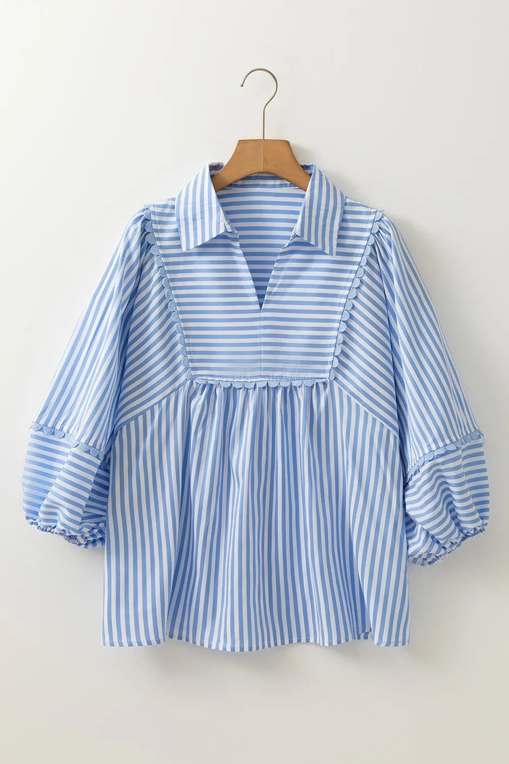 Striped Notched 3/4 Sleeve Blouse - Image 3
