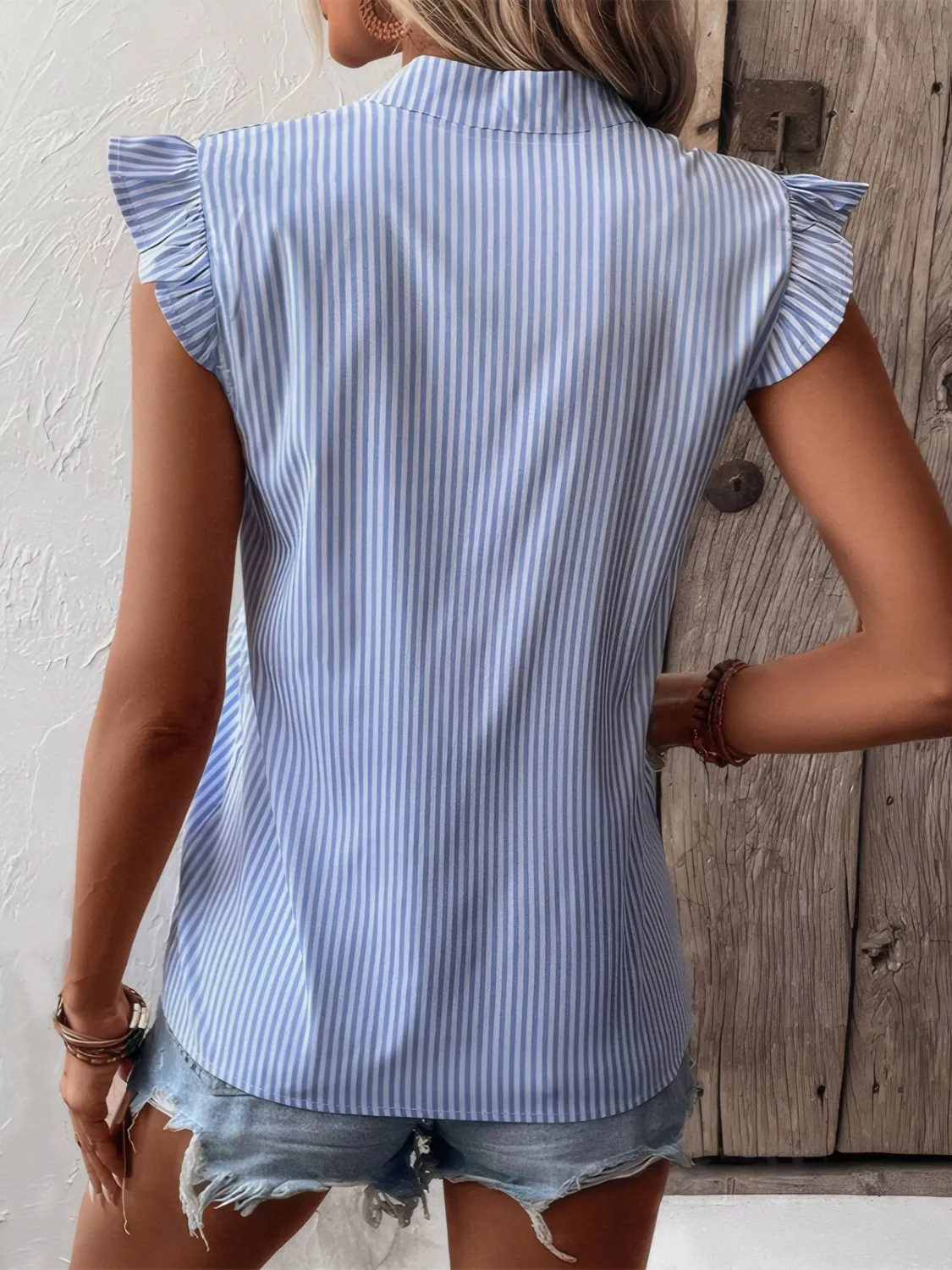 Striped Notched Cap Sleeve Blouse - Image 2