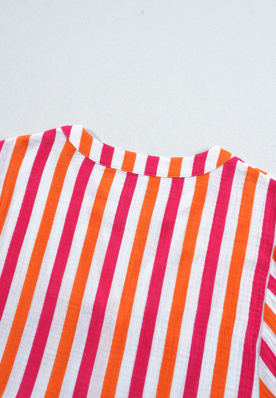 Striped Notched Flounce Sleeve Blouse - Image 10