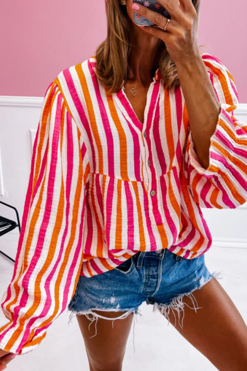 Striped Notched Flounce Sleeve Blouse - Image 2