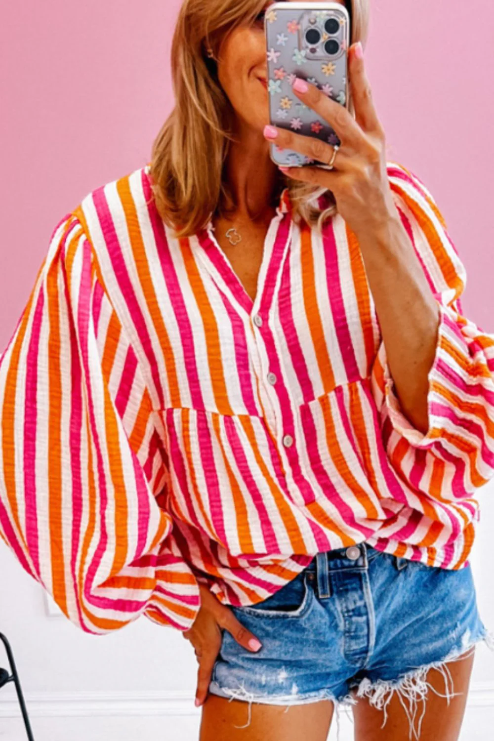 Striped Notched Flounce Sleeve Blouse - Image 3