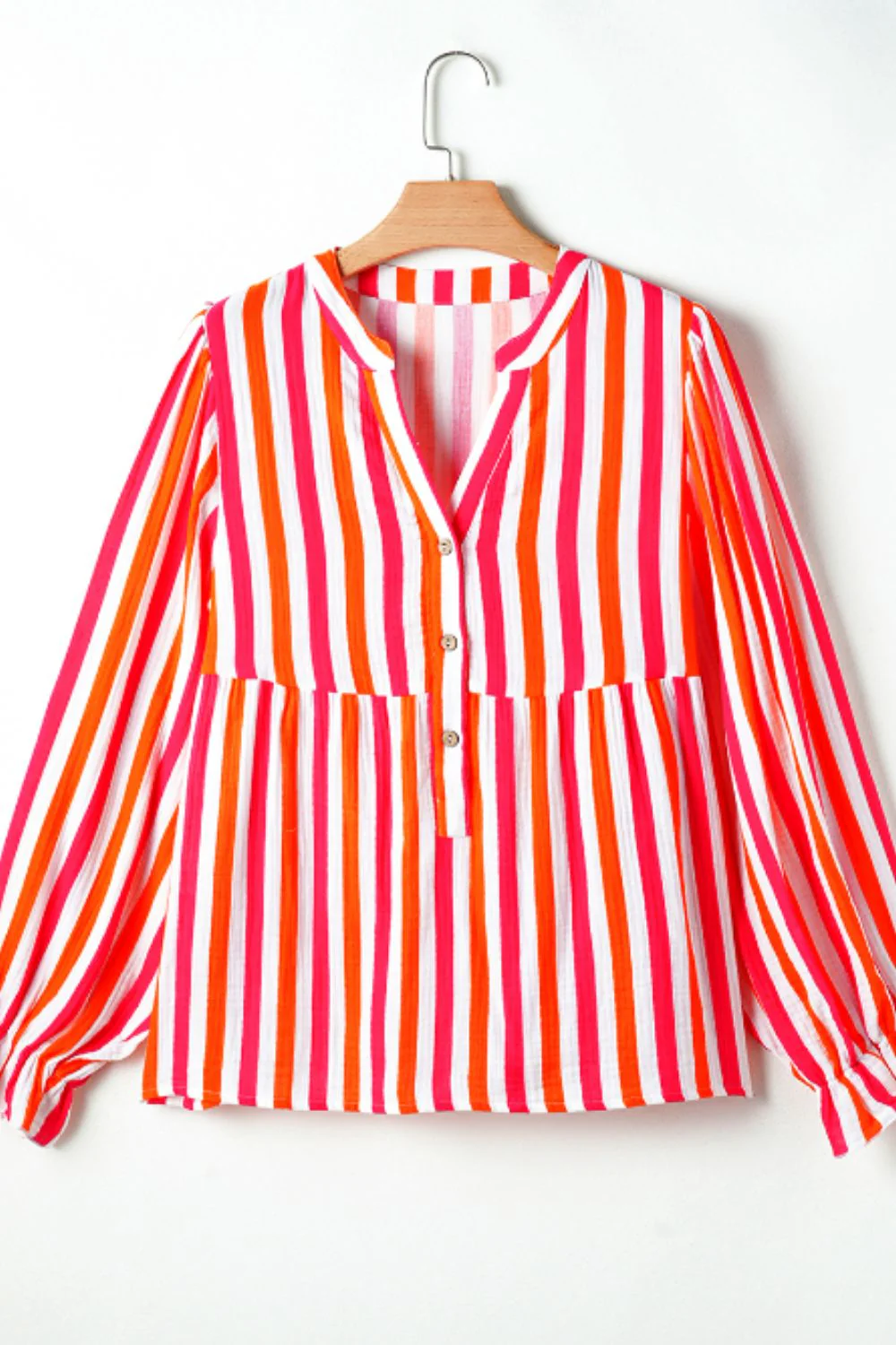Striped Notched Flounce Sleeve Blouse - Image 4