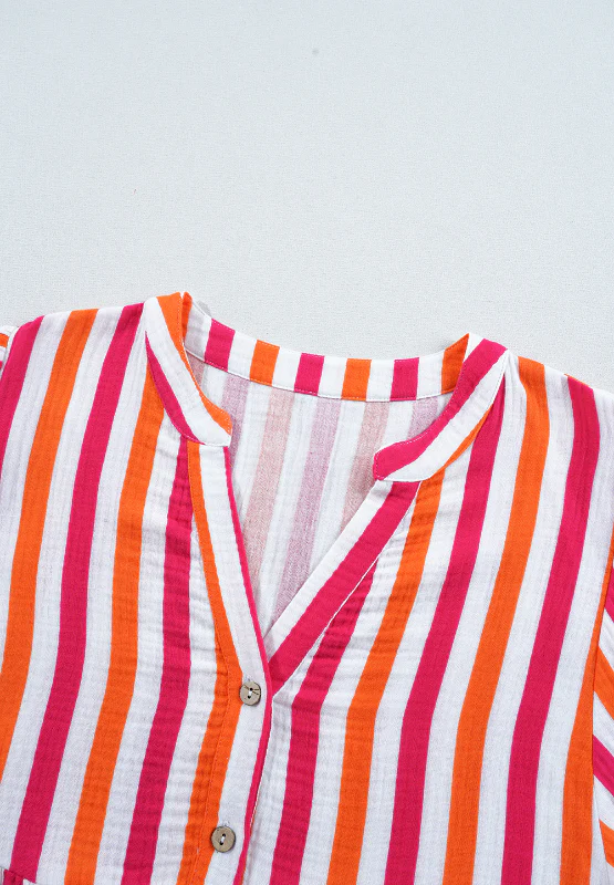 Striped Notched Flounce Sleeve Blouse - Image 7