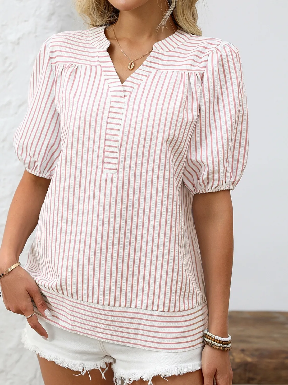 Striped Notched Puff Sleeve Blouse - Image 13