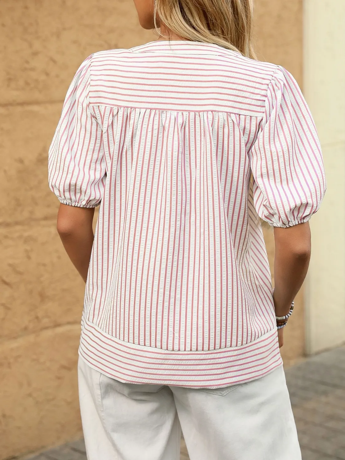 Striped Notched Puff Sleeve Blouse - Image 14
