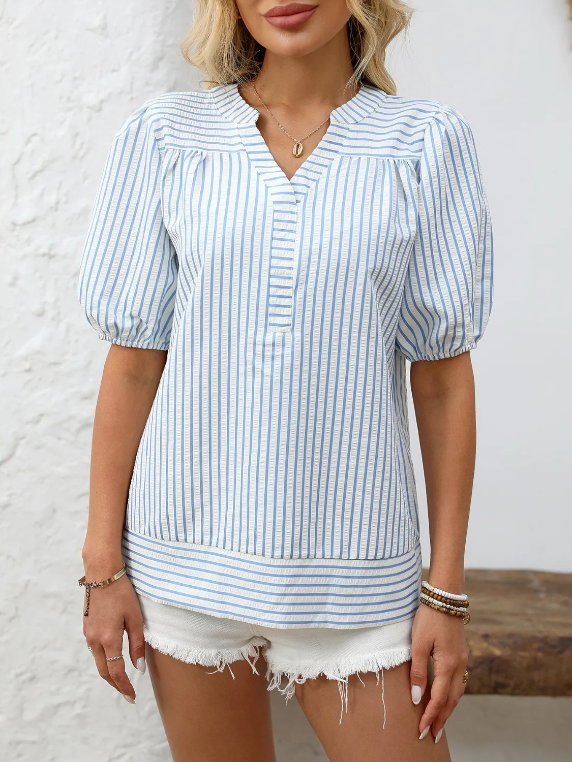 Striped Notched Puff Sleeve Blouse - Image 2