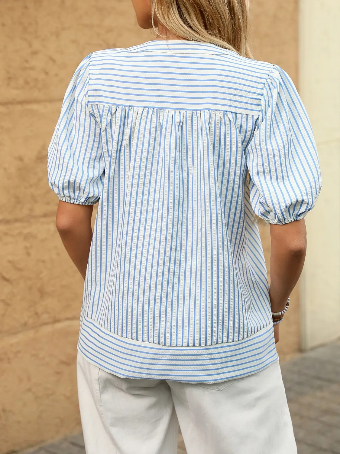 Striped Notched Puff Sleeve Blouse - Image 4